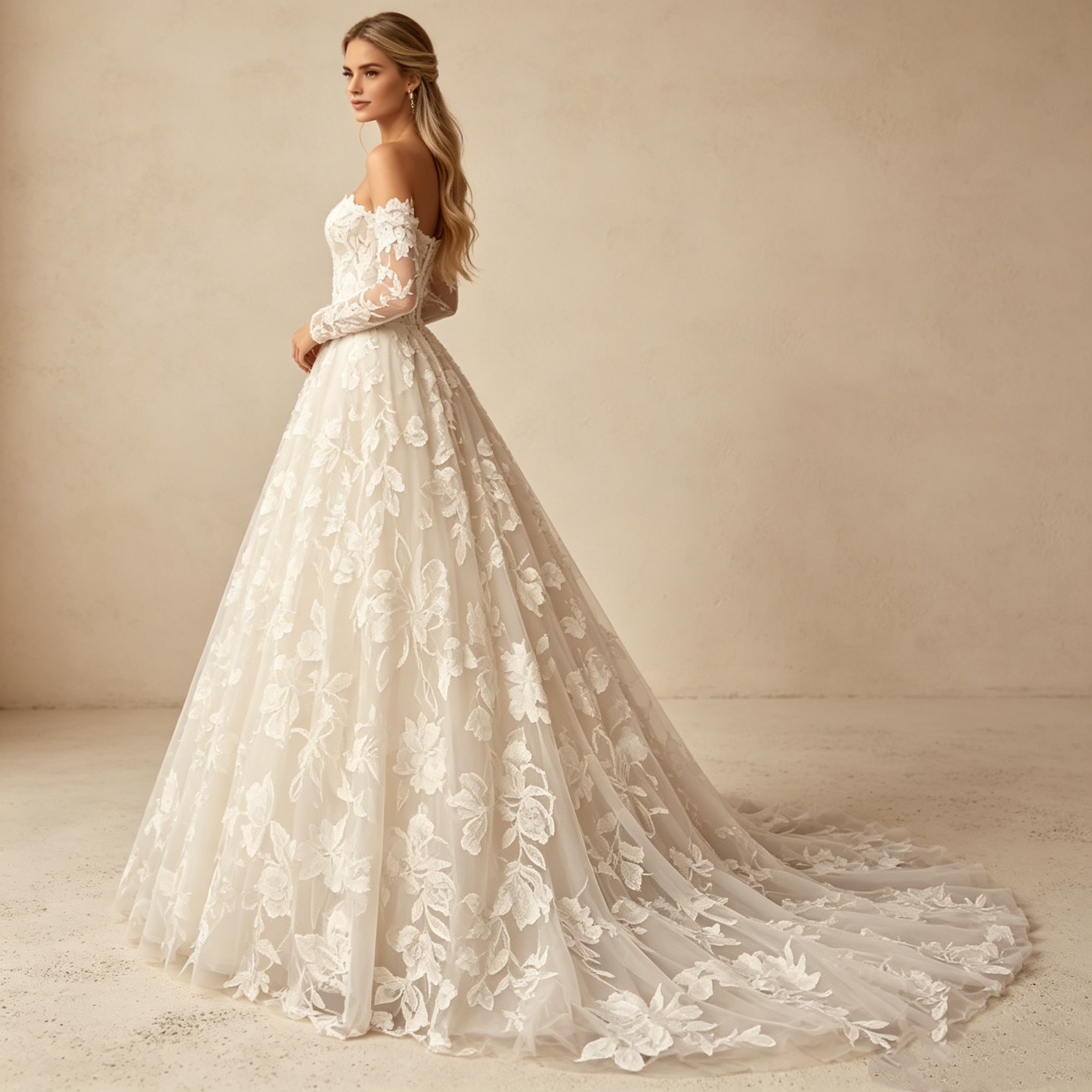 Prachtvolles Spitzen-Maxikleid mit Langarm – Elegantes Abendkleid mit Off-Shoulder-Schnitt und floraler Bestickung