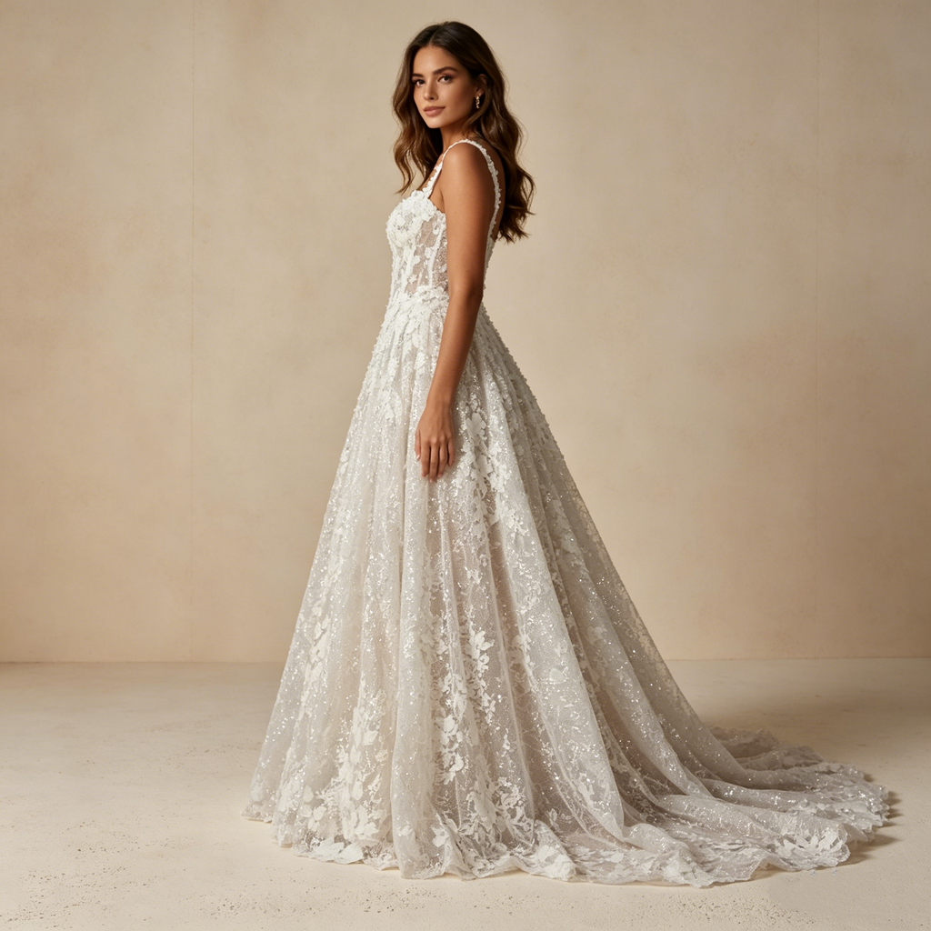 Exklusives Abendkleid mit floraler Spitzenapplikation, Elegantes Ballkleid mit Schleppe in Elfenbein, Luxuriöse Galarobe für besondere Anlässe