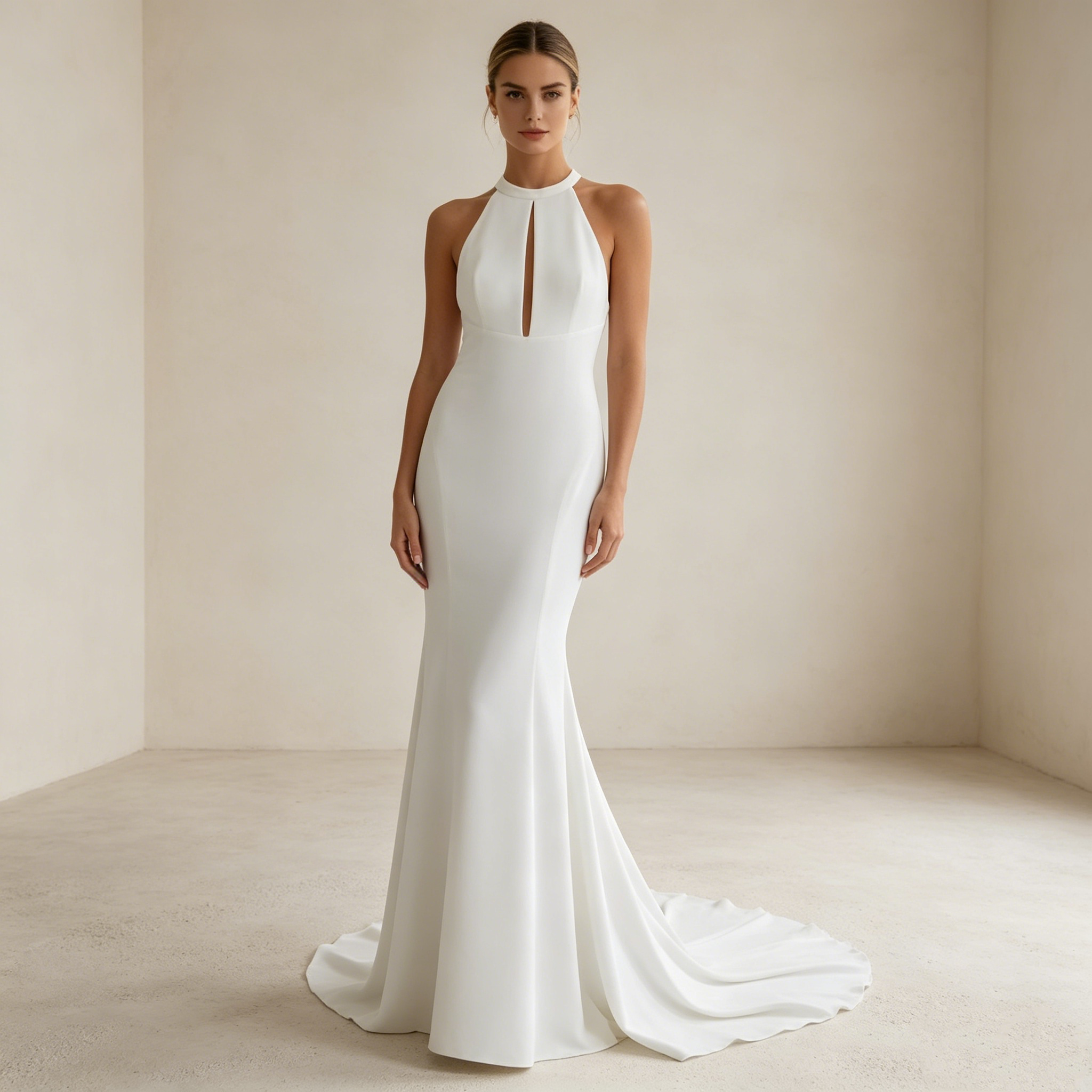 Puristische Eleganz in Weiß: Bodenlanges Halter-Kleid mit tiefem Rückenausschnitt für einen modernen Statement-Look