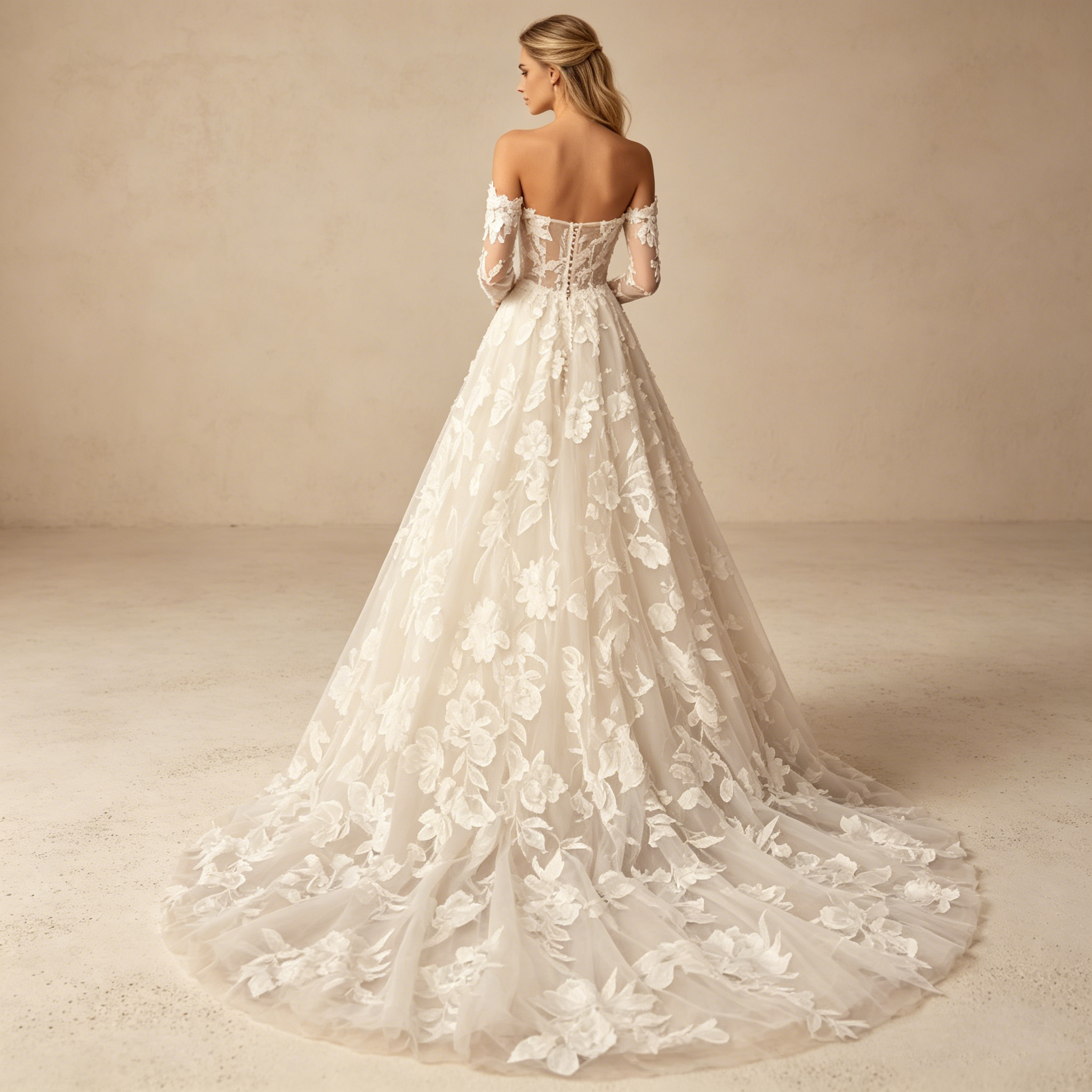 Prachtvolles Spitzen-Maxikleid mit Langarm – Elegantes Abendkleid mit Off-Shoulder-Schnitt und floraler Bestickung