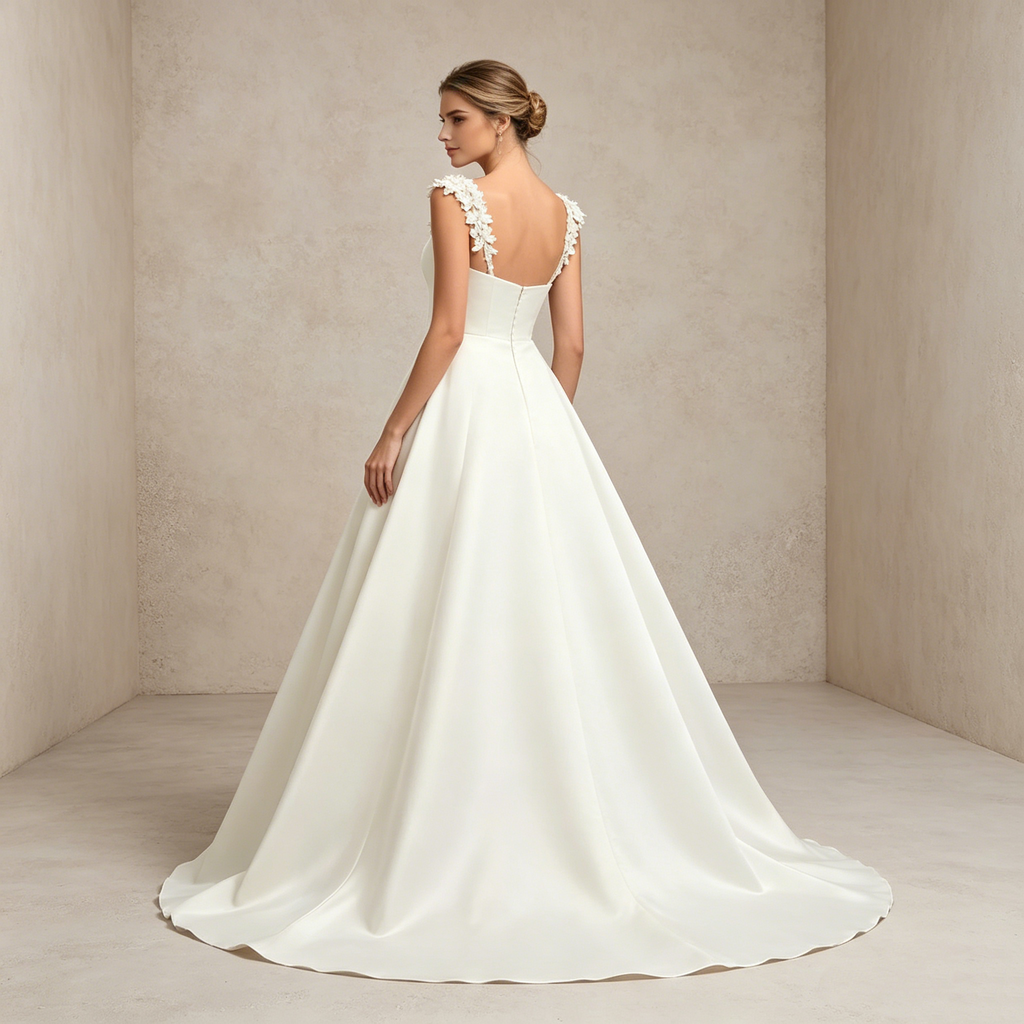 Exklusives weißes Satin-Maxikleid mit eckigem Ausschnitt und floralen Trägern, elegantes bodenlanges Abendkleid in A-Linie