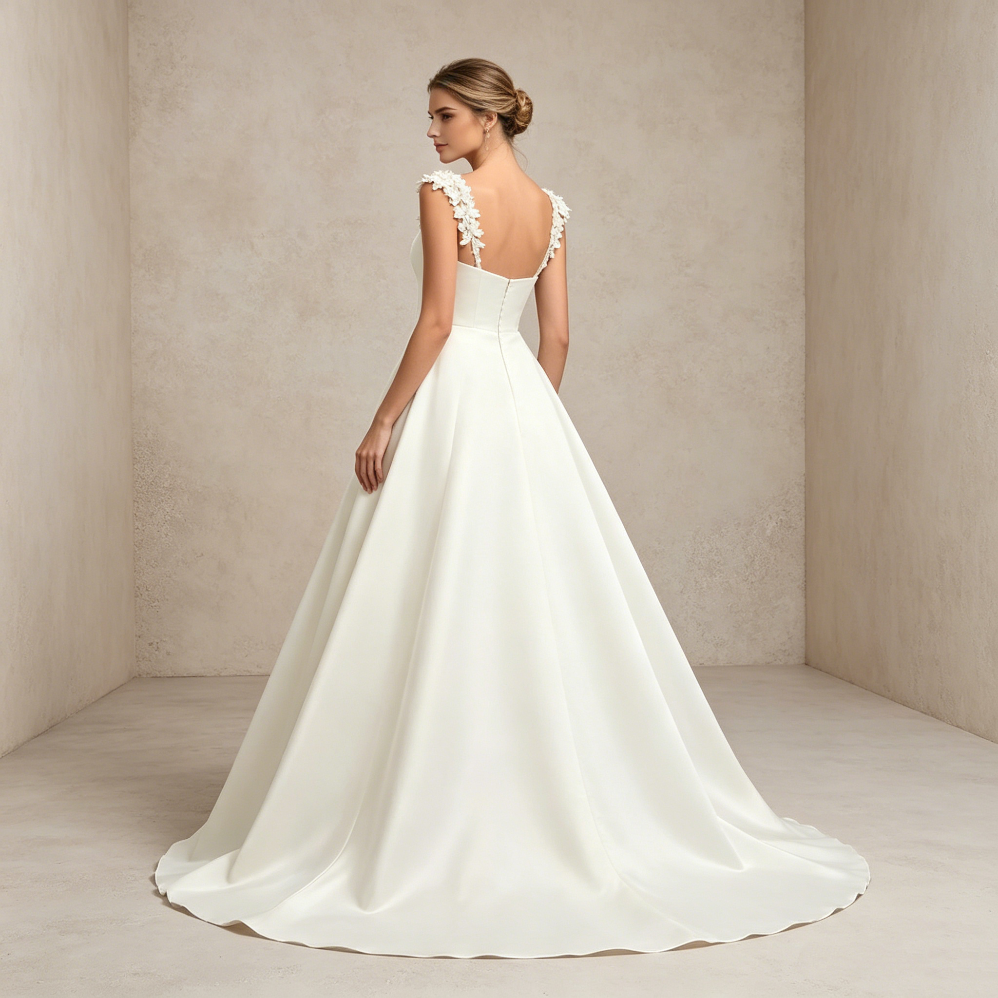 Exklusives weißes Satin-Maxikleid mit eckigem Ausschnitt und floralen Trägern, elegantes bodenlanges Abendkleid in A-Linie