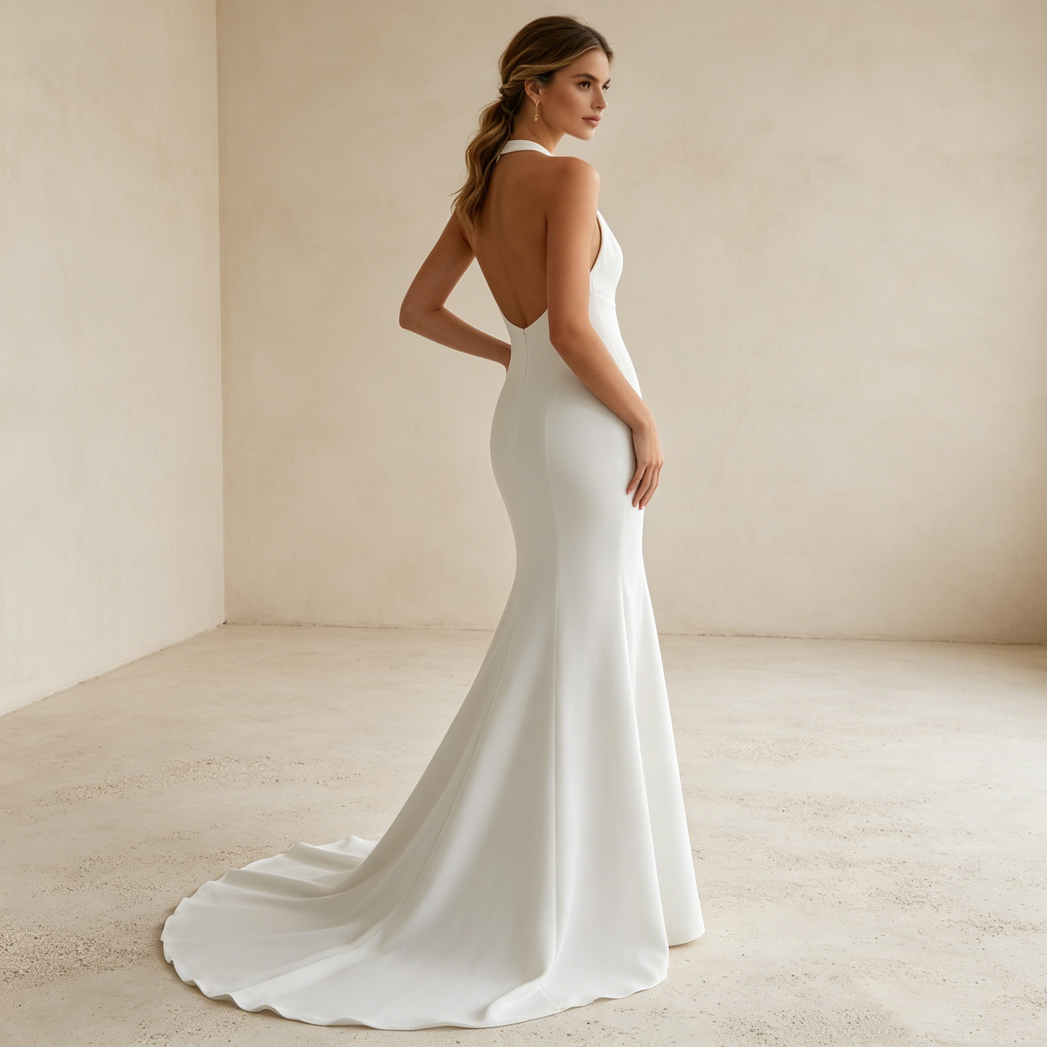 Puristische Eleganz in Weiß: Bodenlanges Halter-Kleid mit tiefem Rückenausschnitt für einen modernen Statement-Look