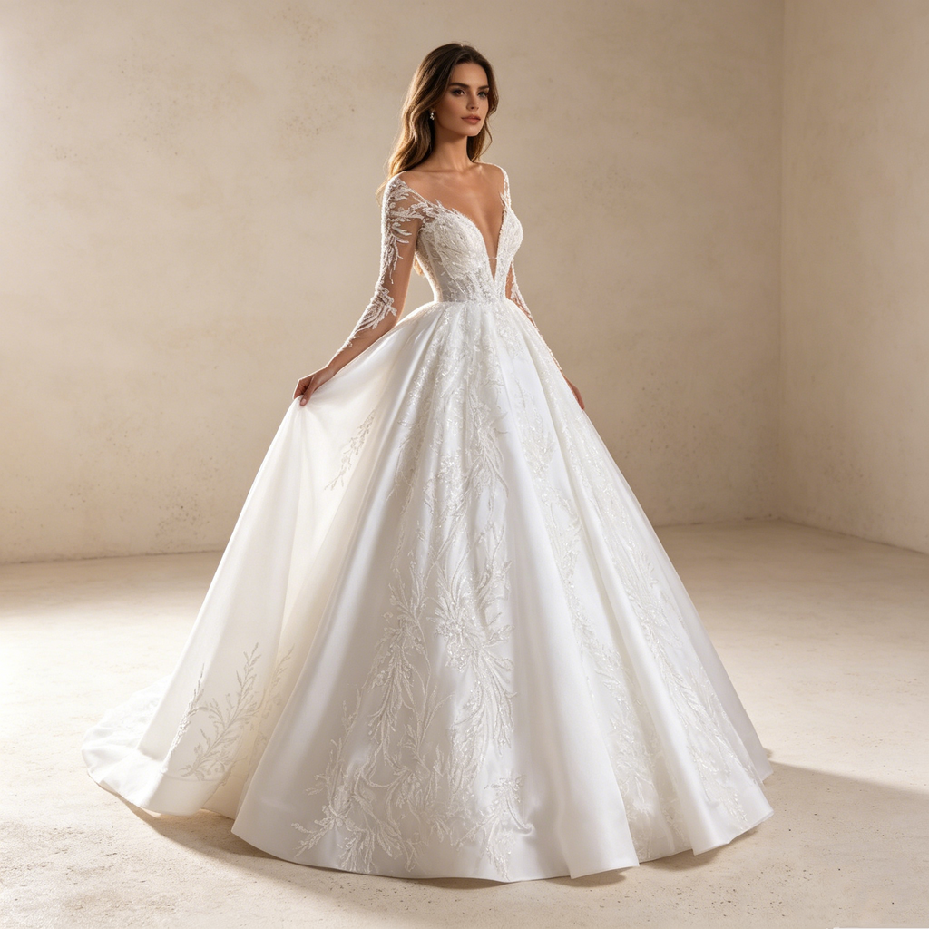 Königlicher Luxus: Voluminöse Satin-Ballrobe mit funkelndem Glitzer-Dekor und eleganten Ärmeln