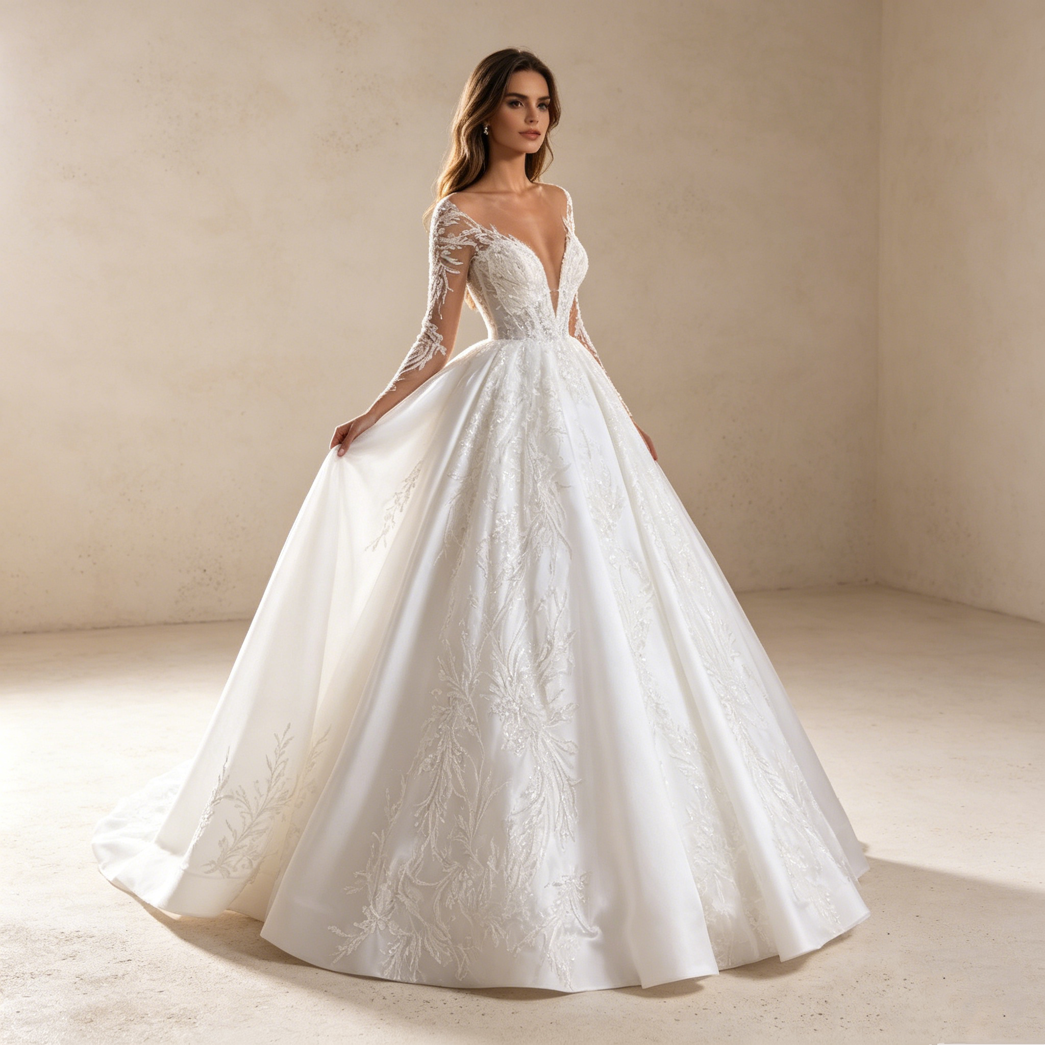 Königlicher Luxus: Voluminöse Satin-Ballrobe mit funkelndem Glitzer-Dekor und eleganten Ärmeln