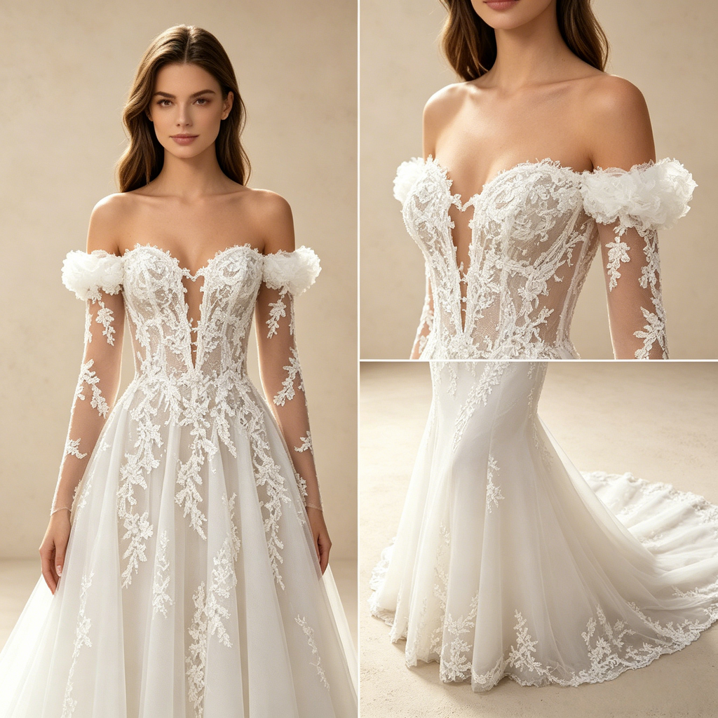 Off-Shoulder Abendkleid mit langen Spitzenärmeln und tiefem V-Ausschnitt – Weiß