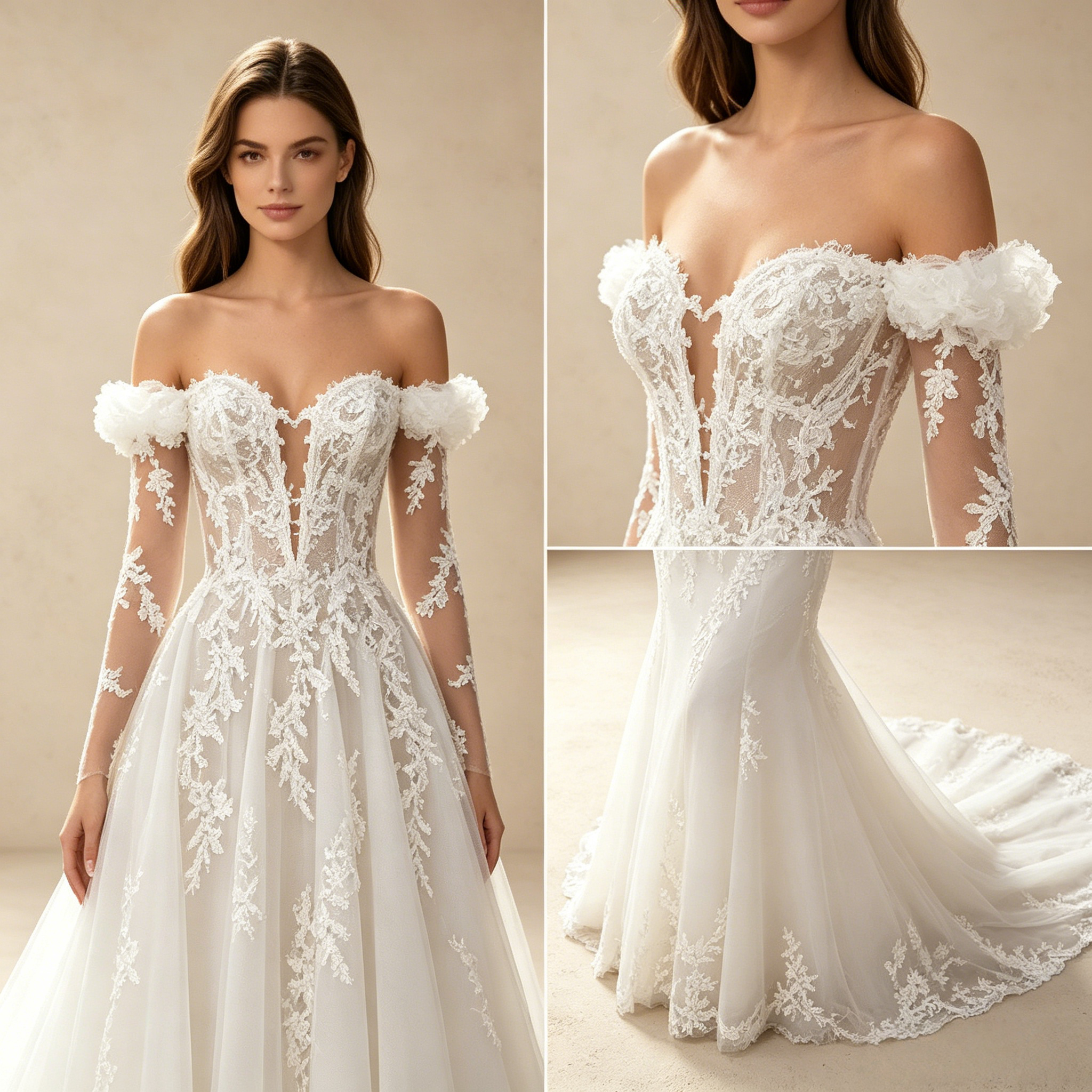 Off-Shoulder Abendkleid mit langen Spitzenärmeln und tiefem V-Ausschnitt – Weiß