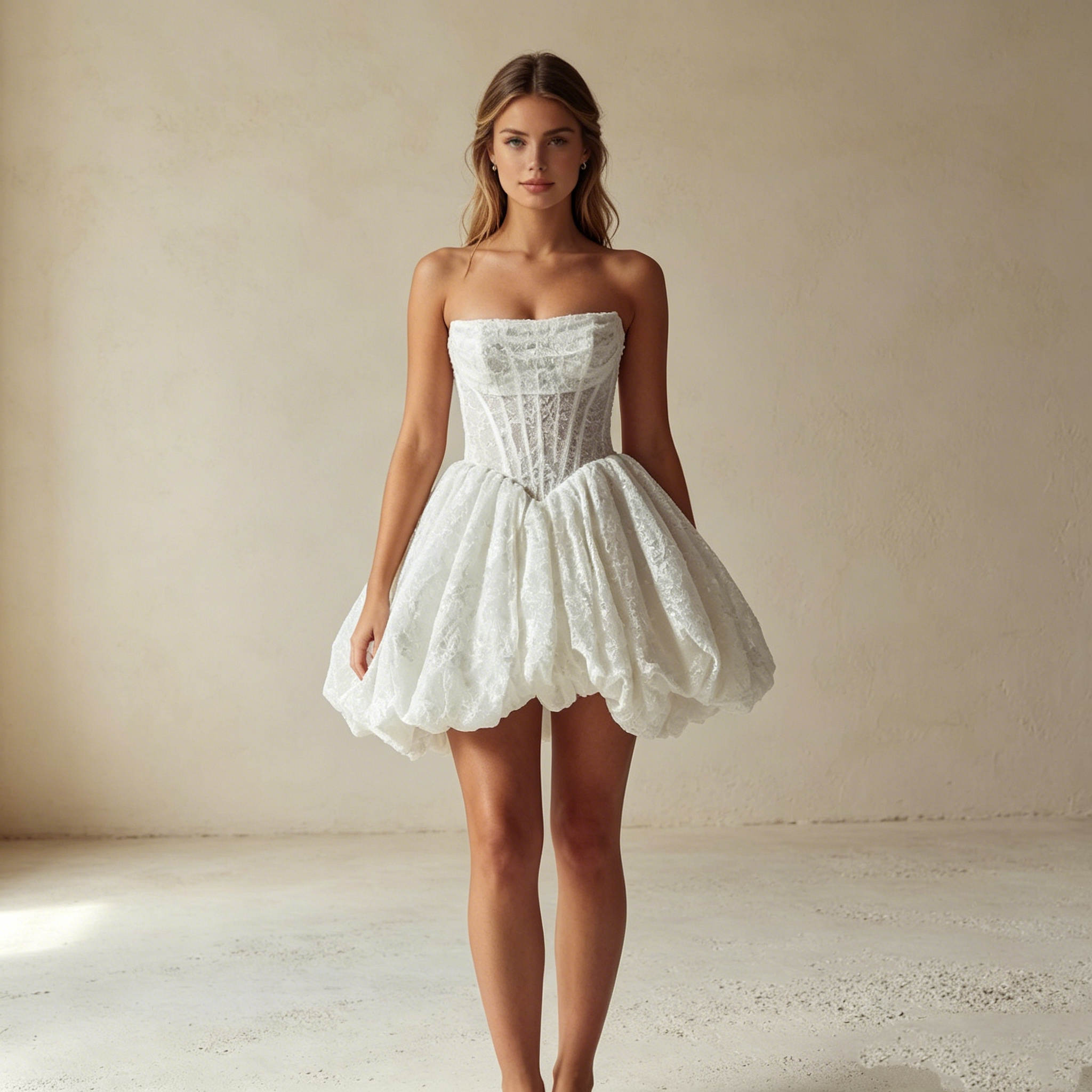 Exklusives weißes Mini-Abendkleid trägerlos mit floraler Spitze, elegantes Cocktailkleid mit Korsett-Oberteil und voluminösem Rock