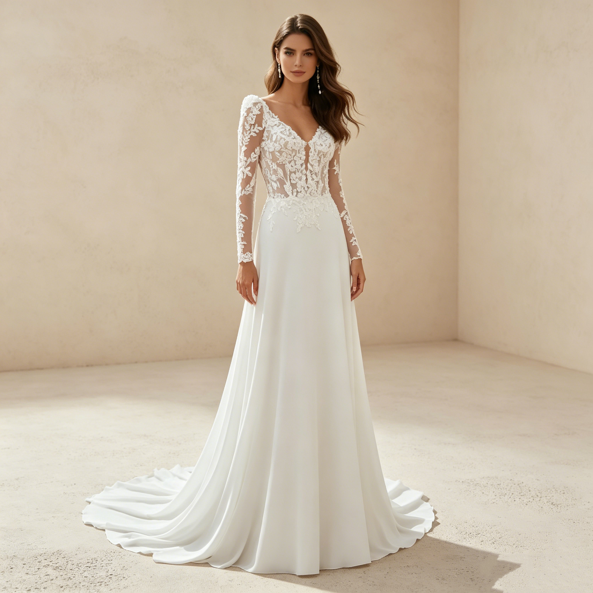 Elegantes Langarm-Maxikleid mit Illusions-Spitze – Exklusives Abendkleid in Elfenbein mit fließender Silhouette