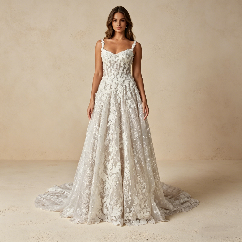 Exklusives Abendkleid mit floraler Spitzenapplikation, Elegantes Ballkleid mit Schleppe in Elfenbein, Luxuriöse Galarobe für besondere Anlässe