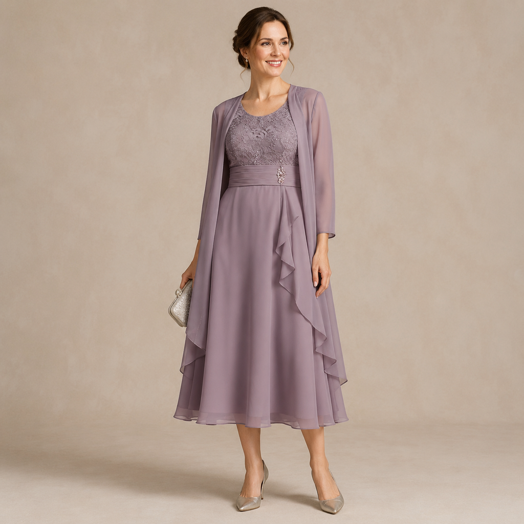Elegantes Damen Midi‑Kleid‑Set mit Überjacke, Spitzenbesatz und Perlendekor, festliches Outfit für besondere Anlässe