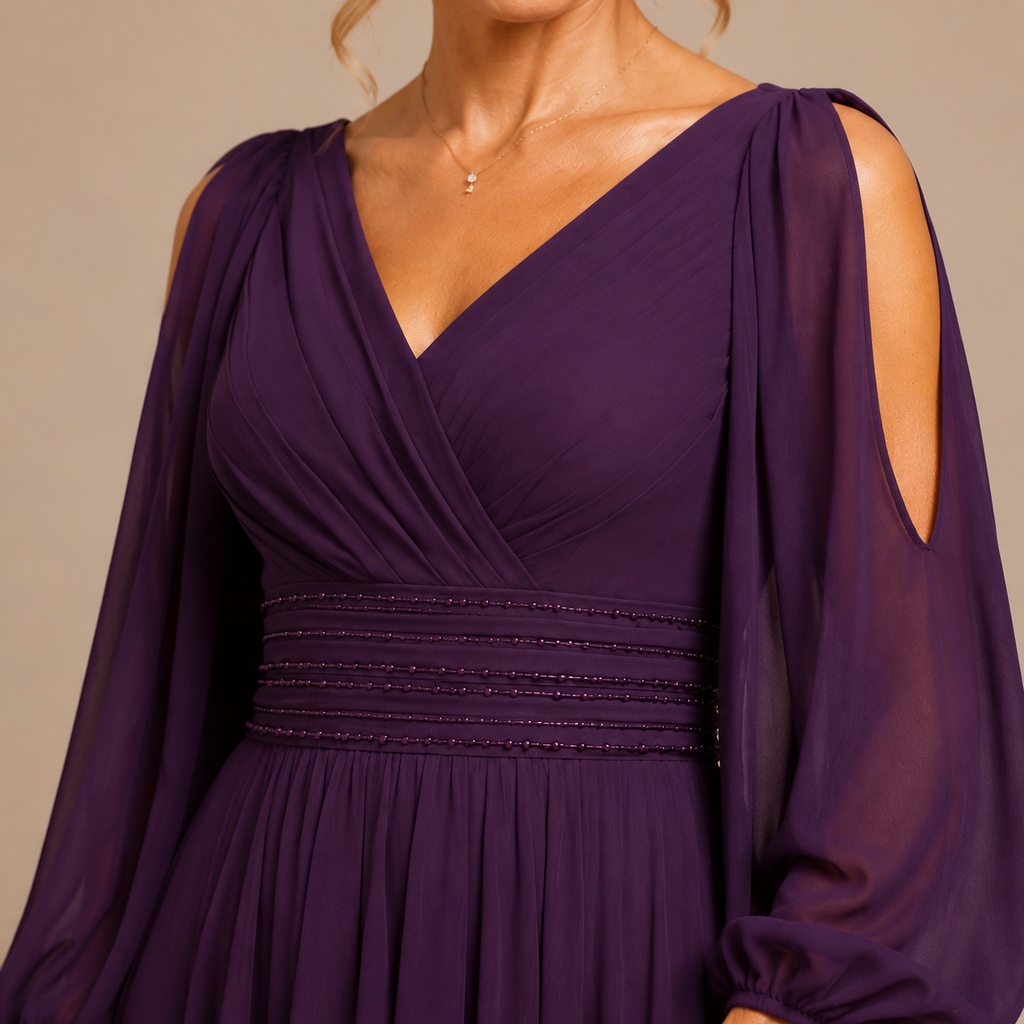 Elegantes langes Abendkleid mit V-Ausschnitt, langen Cut-out Ärmeln und verziertem Taillenbund