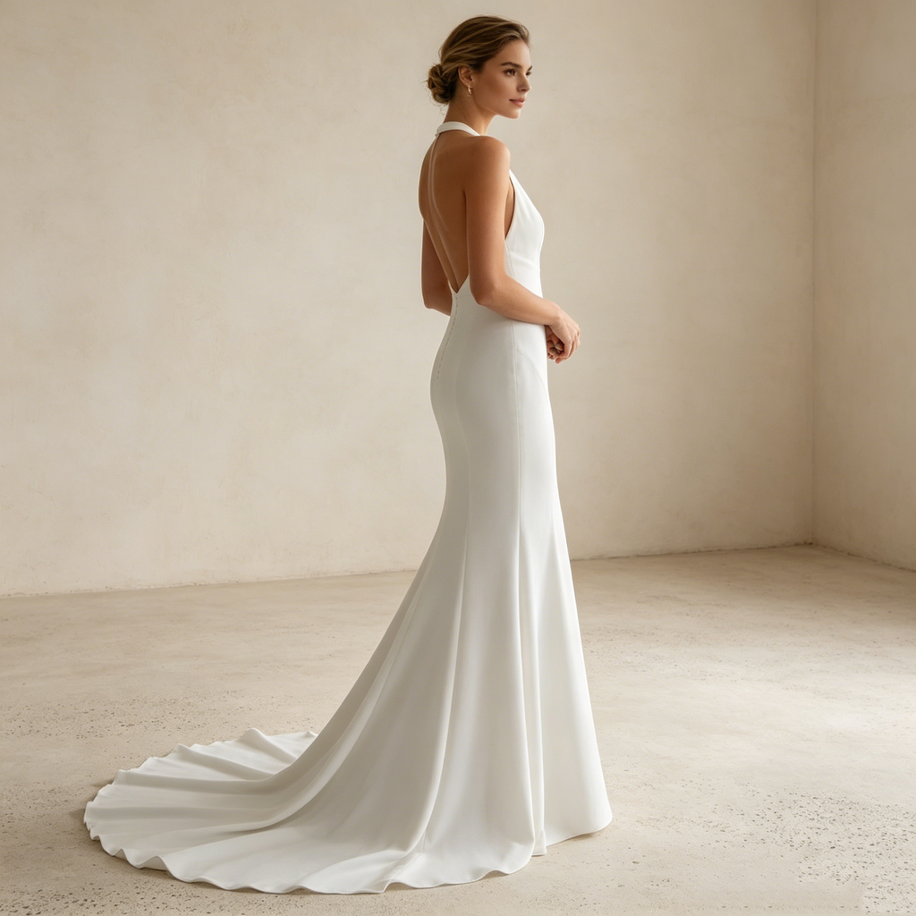 Puristische Eleganz in Weiß: Bodenlanges Halter-Kleid mit tiefem Rückenausschnitt für einen modernen Statement-Look
