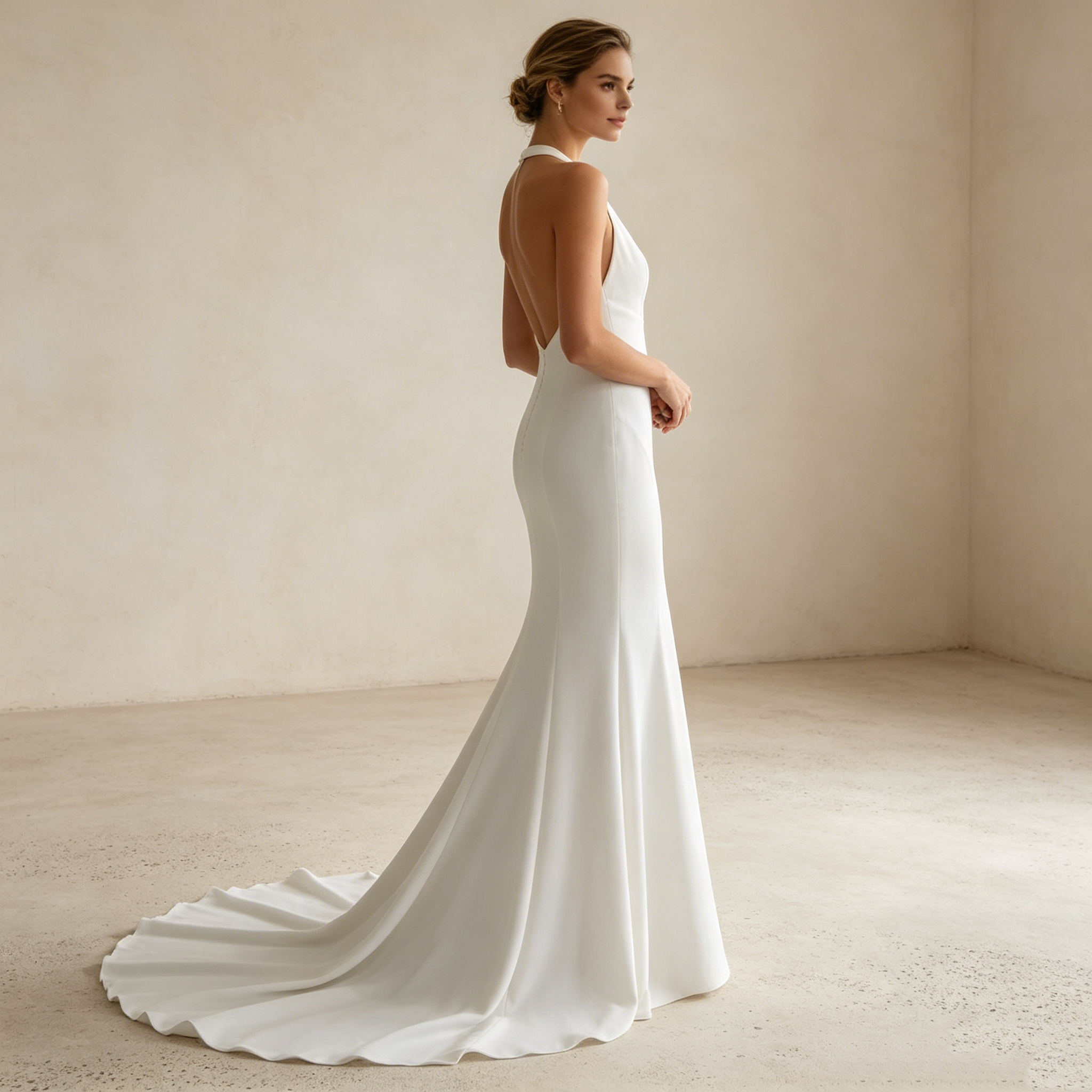 Puristische Eleganz in Weiß: Bodenlanges Halter-Kleid mit tiefem Rückenausschnitt für einen modernen Statement-Look