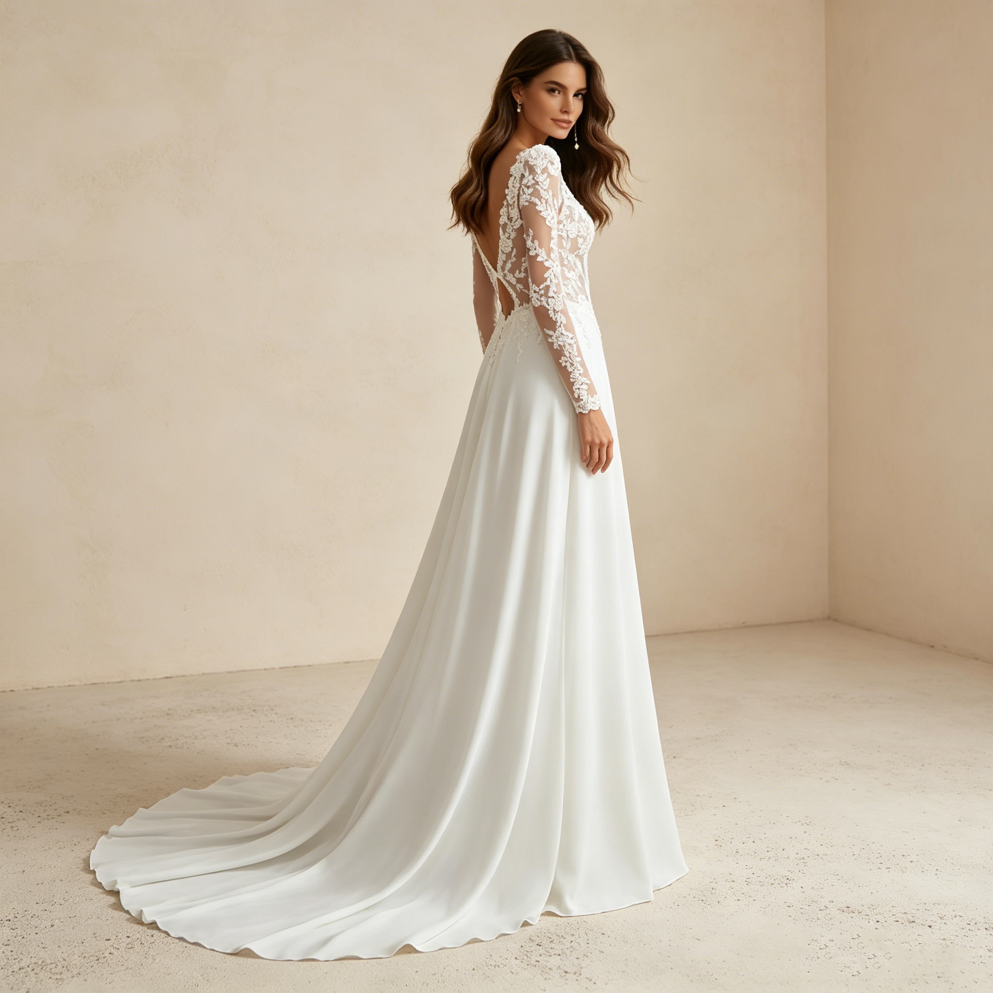 Elegantes Langarm-Maxikleid mit Illusions-Spitze – Exklusives Abendkleid in Elfenbein mit fließender Silhouette