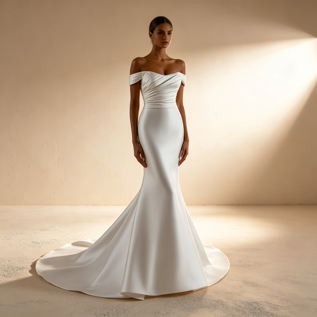 Echtes Seide Schulterfreies Meerjungfrau Abendkleid mit Schleppe – Elfenbein