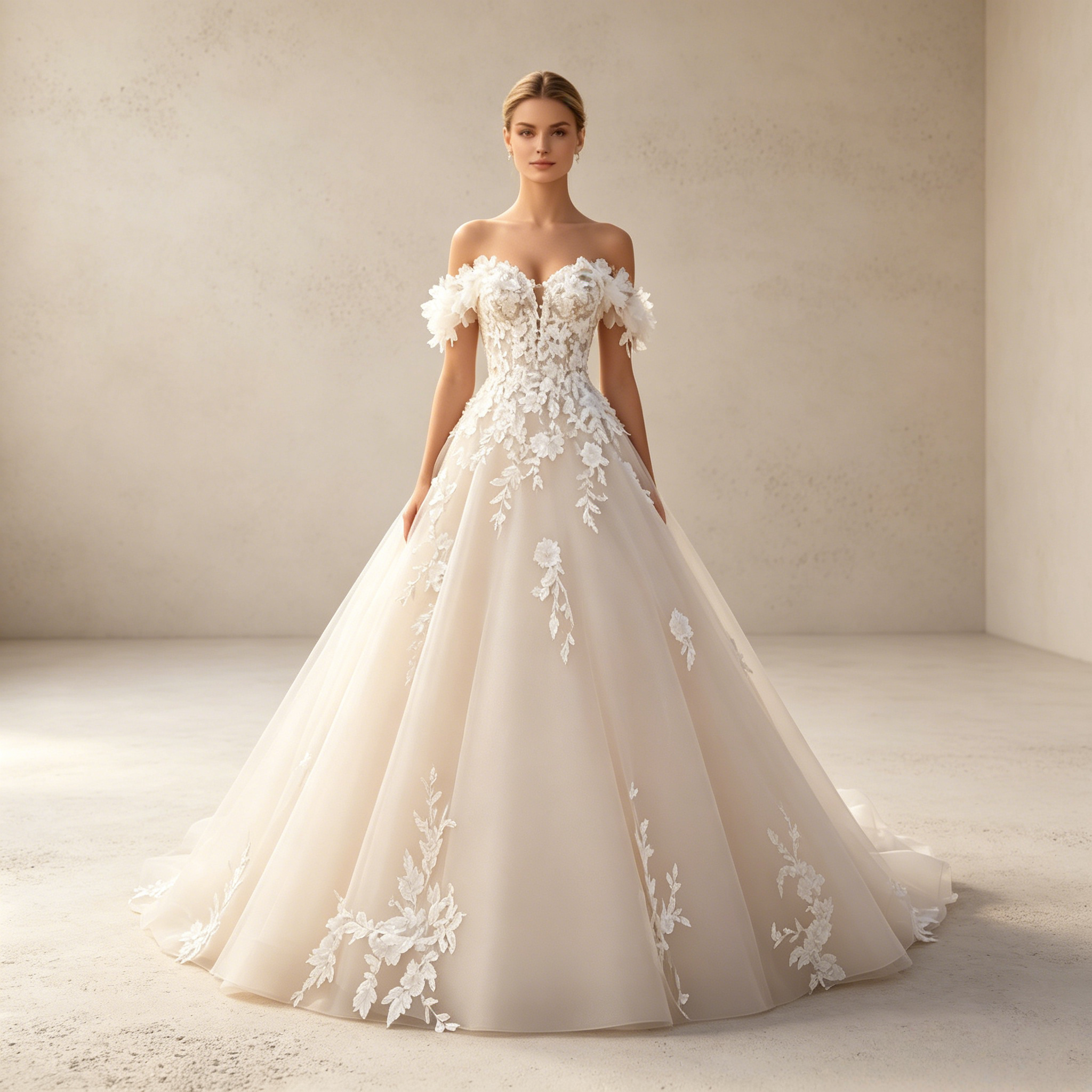 Exquisites Elfenbeinfarbenes A-Linie Abendkleid mit Schulterfreien 3D-Blumenapplikationen und Tüllrock