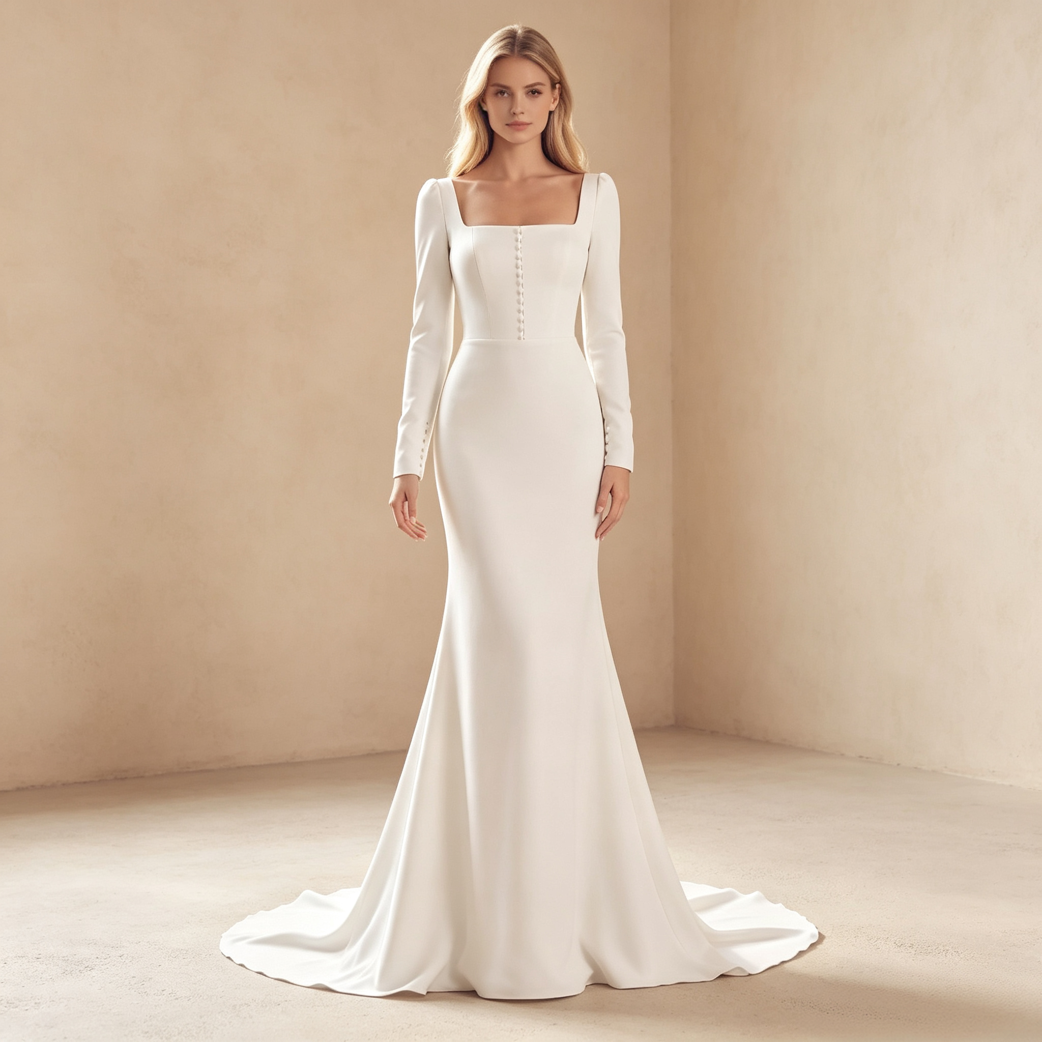Damen Crêpe-Maxikleid mit Langarm, Karree-Ausschnitt und Knopfleiste - Elfenbein