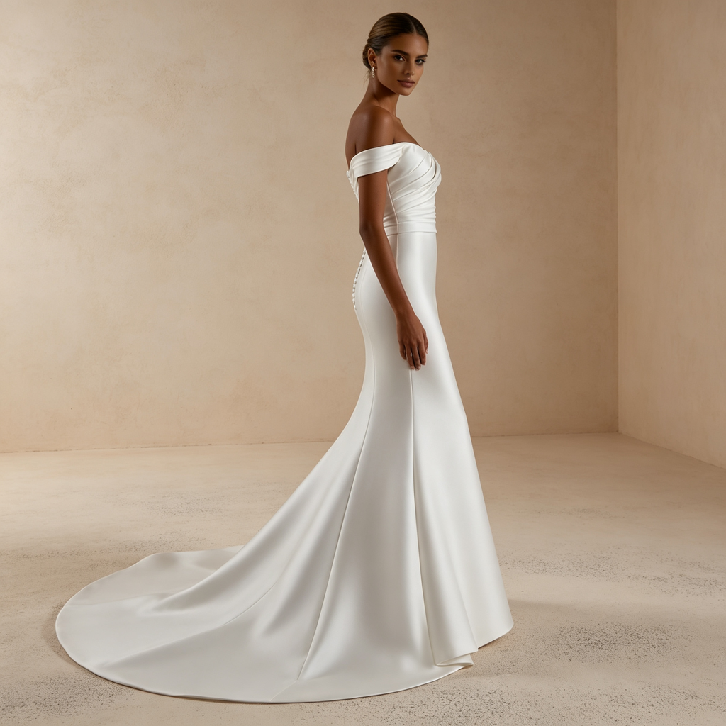 Echtes Seide Schulterfreies Meerjungfrau Abendkleid mit Schleppe – Elfenbein