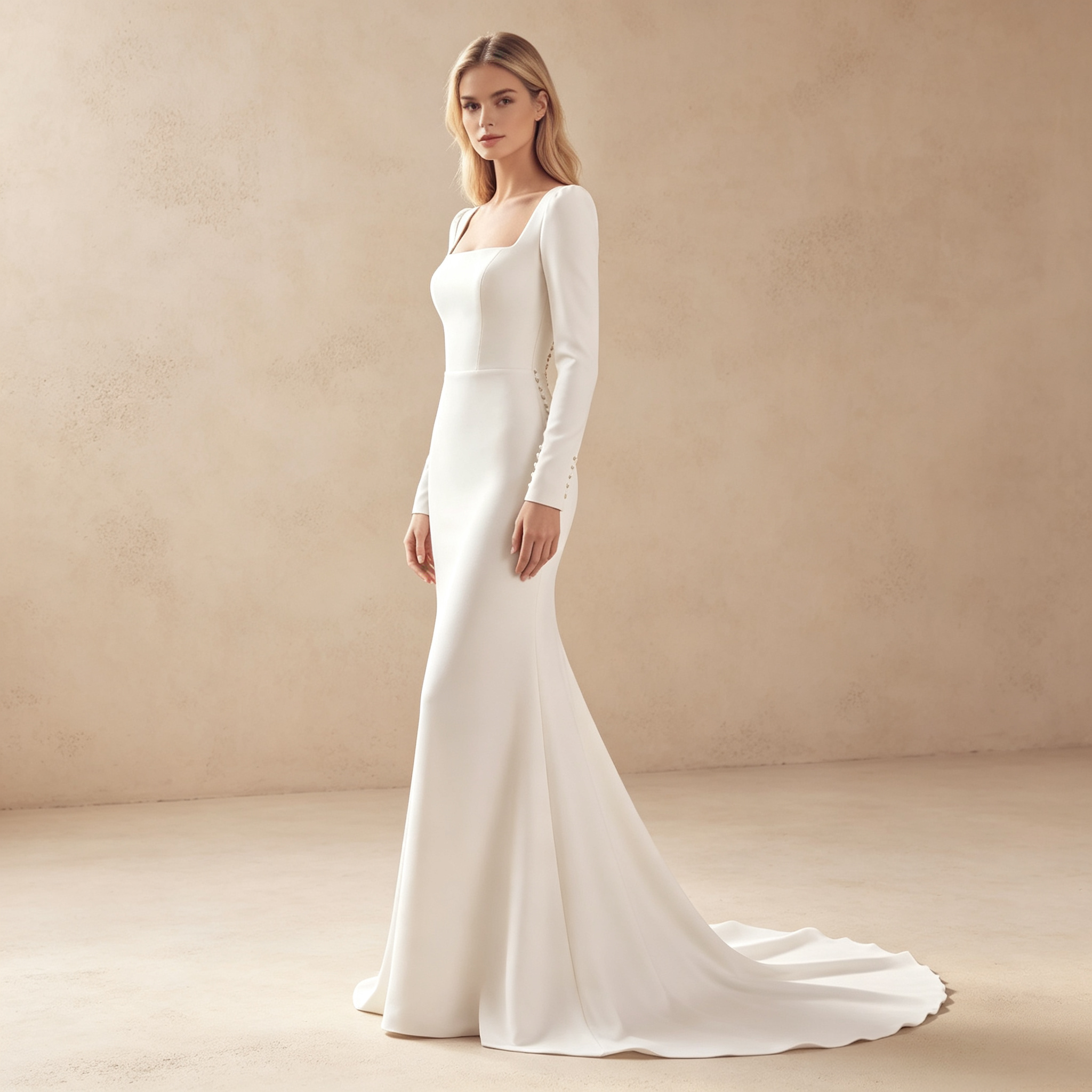 Damen Crêpe-Maxikleid mit Langarm, Karree-Ausschnitt und Knopfleiste - Elfenbein