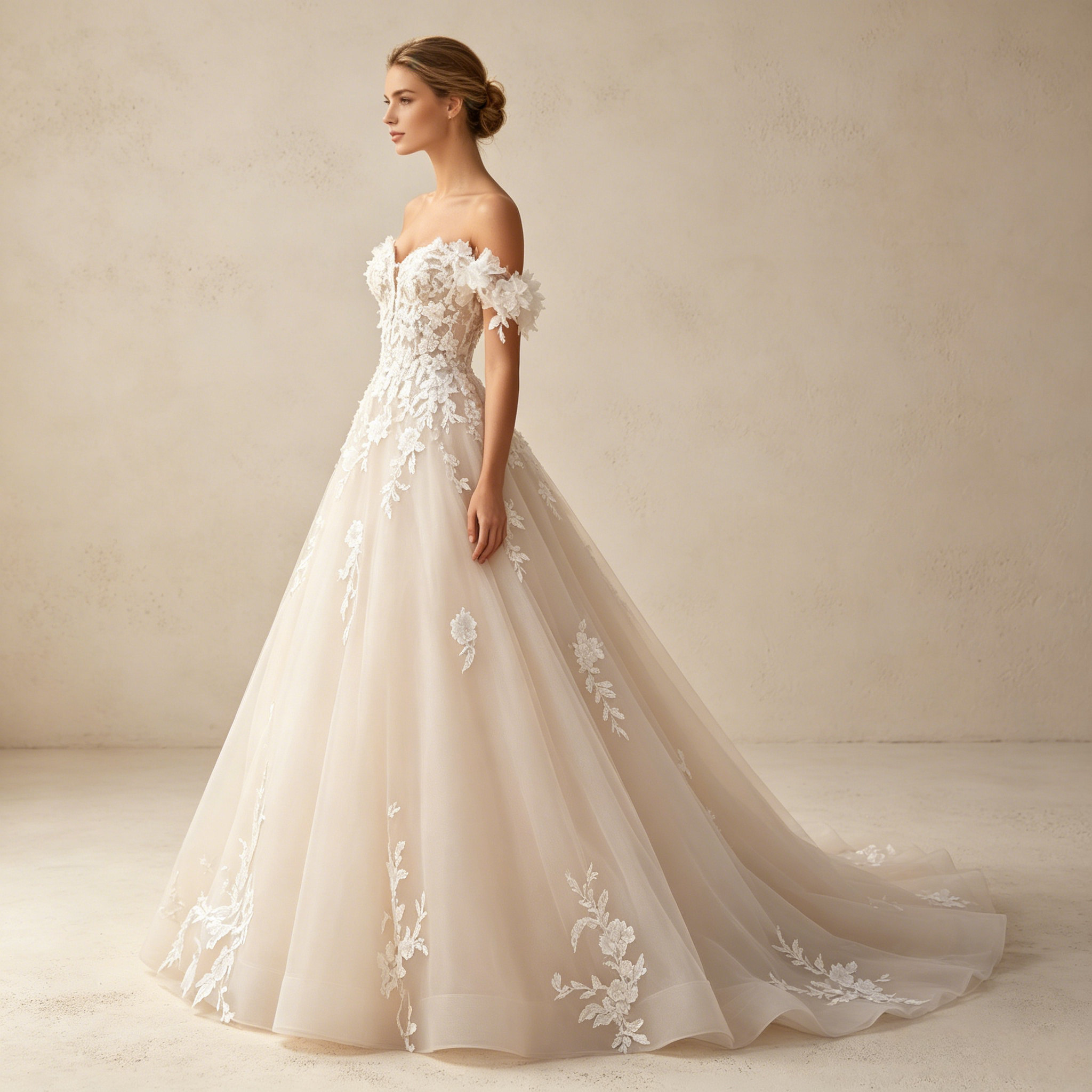 Exquisites Elfenbeinfarbenes A-Linie Abendkleid mit Schulterfreien 3D-Blumenapplikationen und Tüllrock