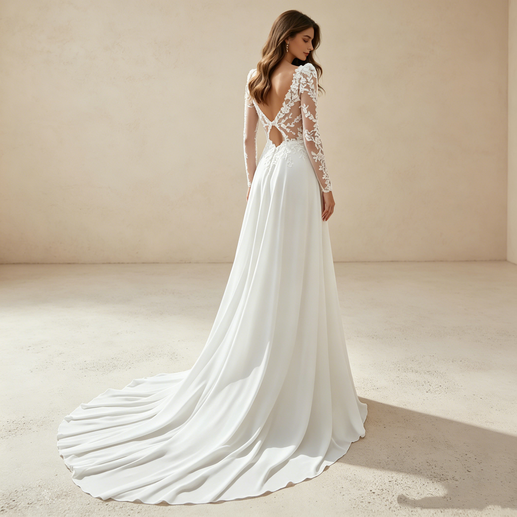 Elegantes Langarm-Maxikleid mit Illusions-Spitze – Exklusives Abendkleid in Elfenbein mit fließender Silhouette