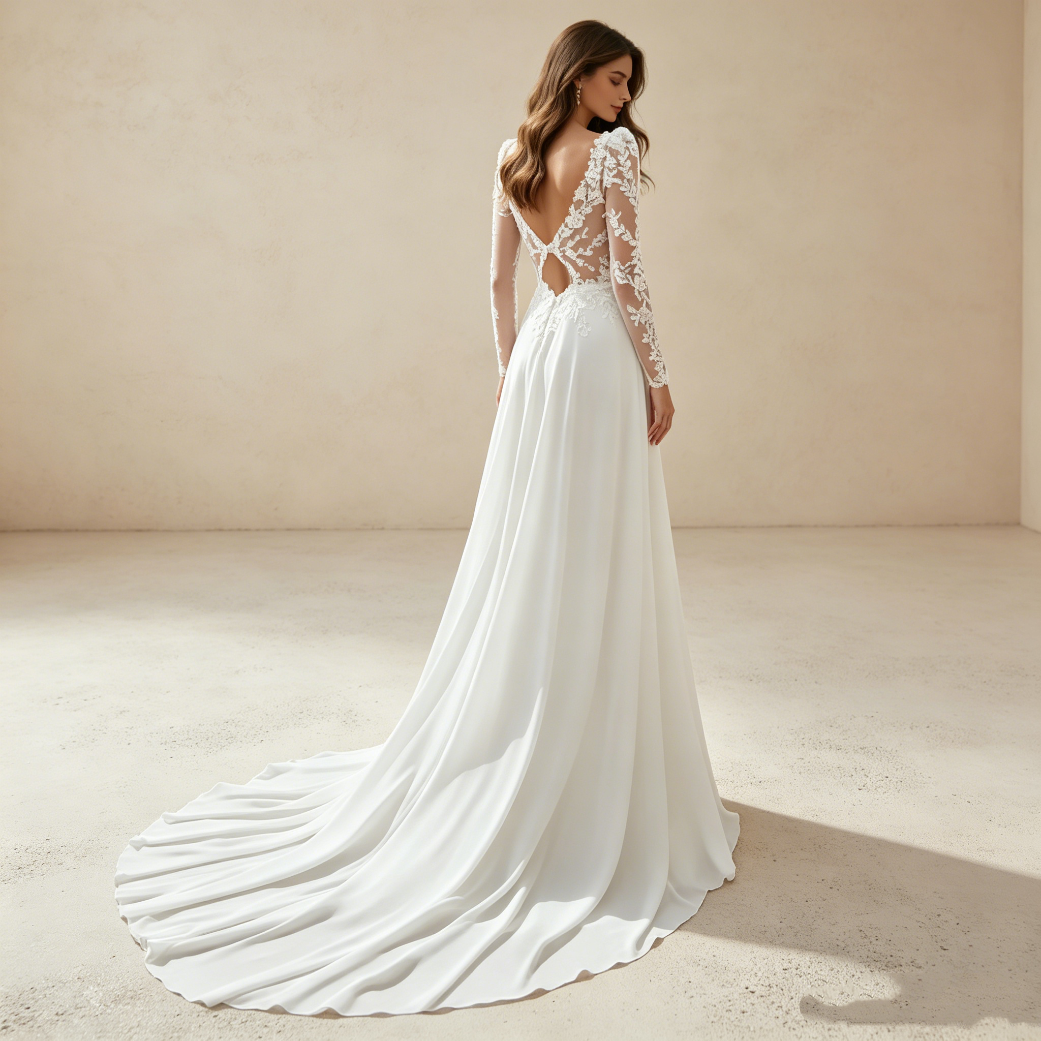 Elegantes Langarm-Maxikleid mit Illusions-Spitze – Exklusives Abendkleid in Elfenbein mit fließender Silhouette