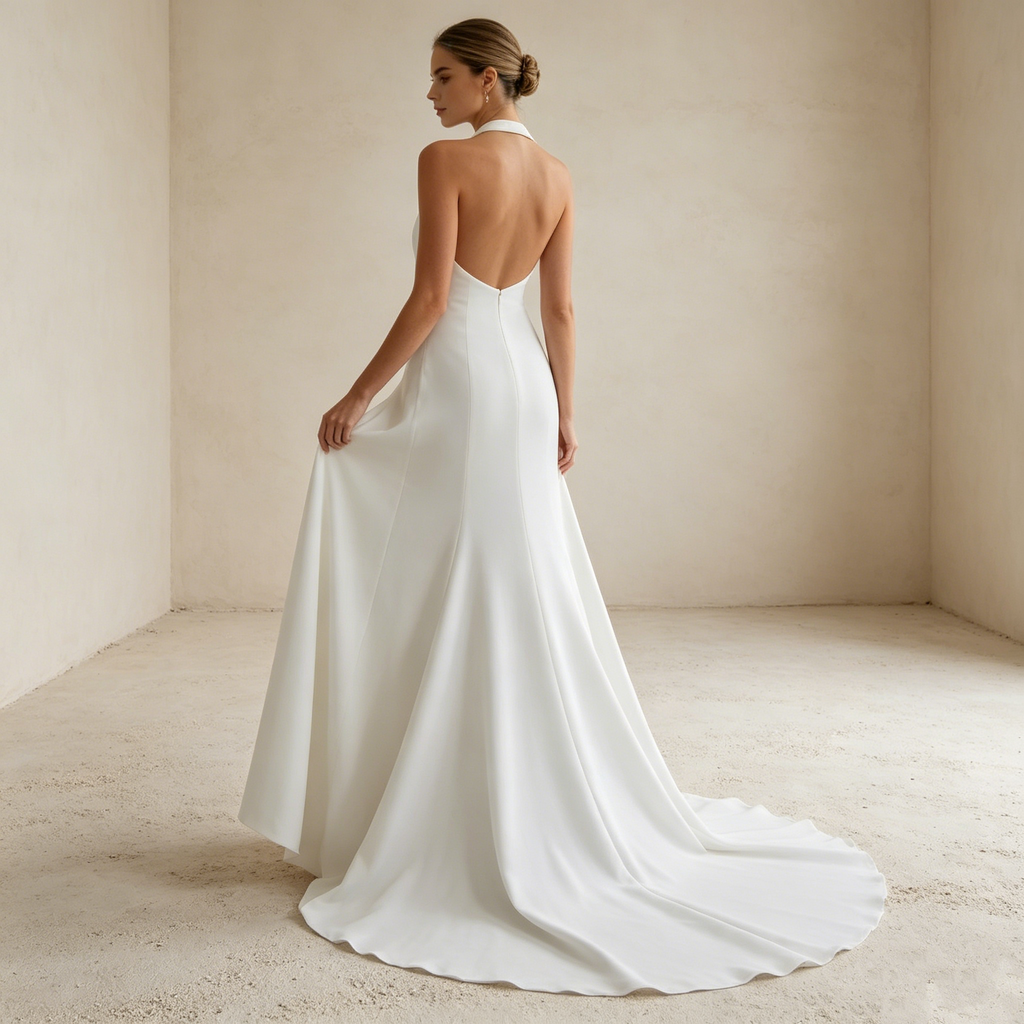 Puristische Eleganz in Weiß: Bodenlanges Halter-Kleid mit tiefem Rückenausschnitt für einen modernen Statement-Look