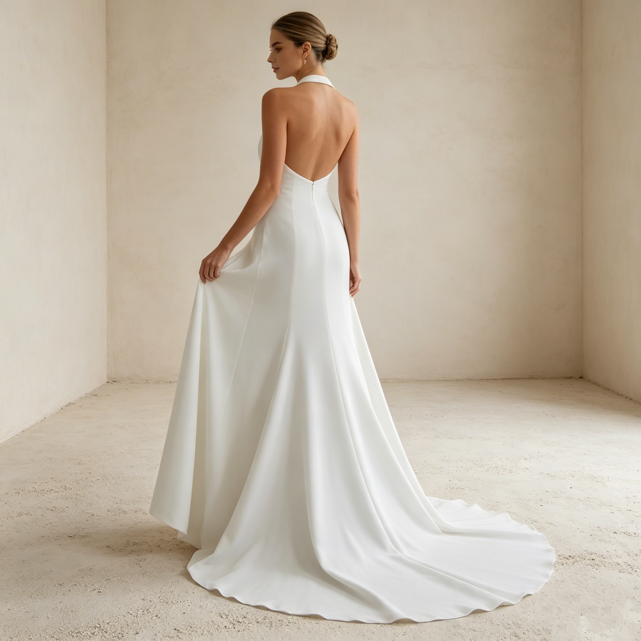 Puristische Eleganz in Weiß: Bodenlanges Halter-Kleid mit tiefem Rückenausschnitt für einen modernen Statement-Look