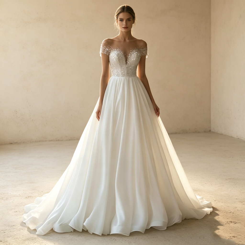 Etherische A Linie aus fließendem Chiffon mit grazilen Ärmeldetails für eine luftige Präsenz