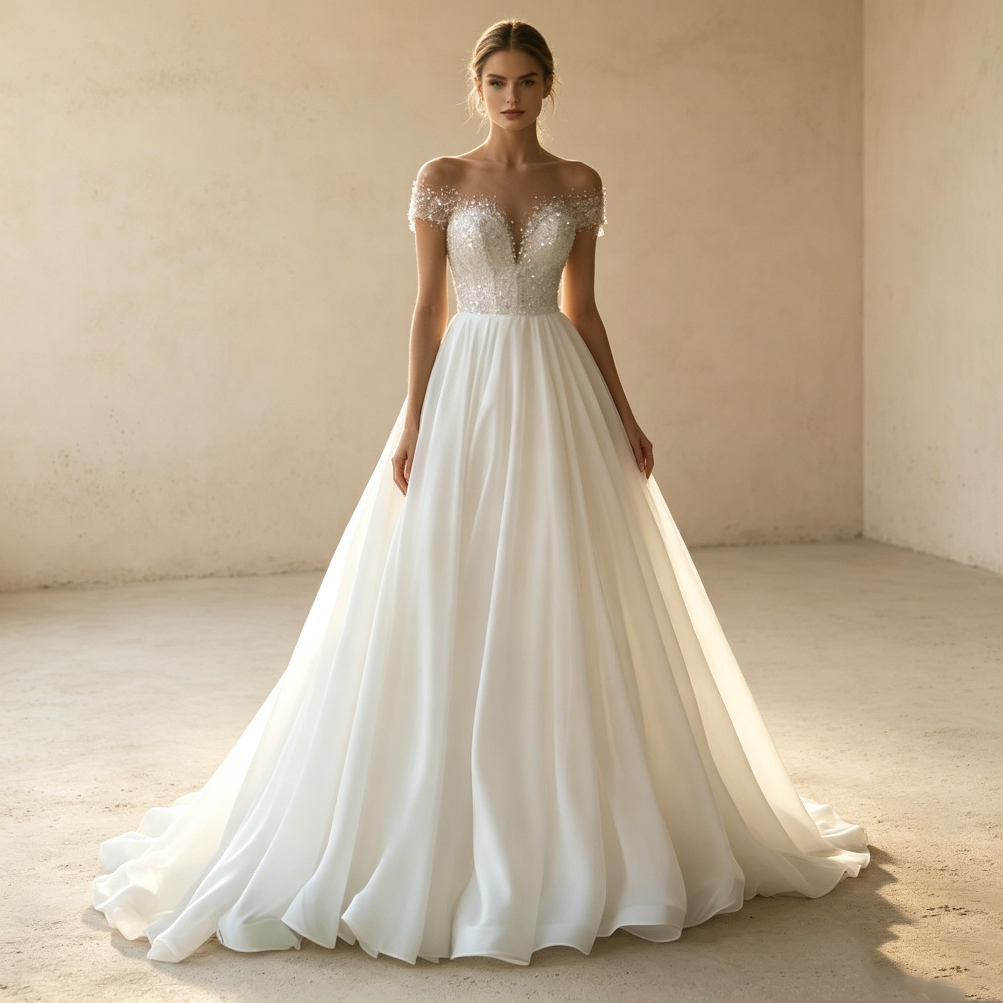 Etherische A Linie aus fließendem Chiffon mit grazilen Ärmeldetails für eine luftige Präsenz