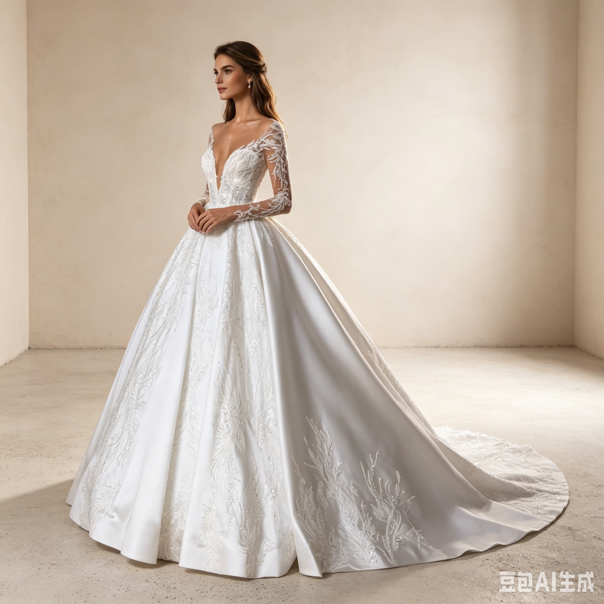 Königlicher Luxus: Voluminöse Satin-Ballrobe mit funkelndem Glitzer-Dekor und eleganten Ärmeln