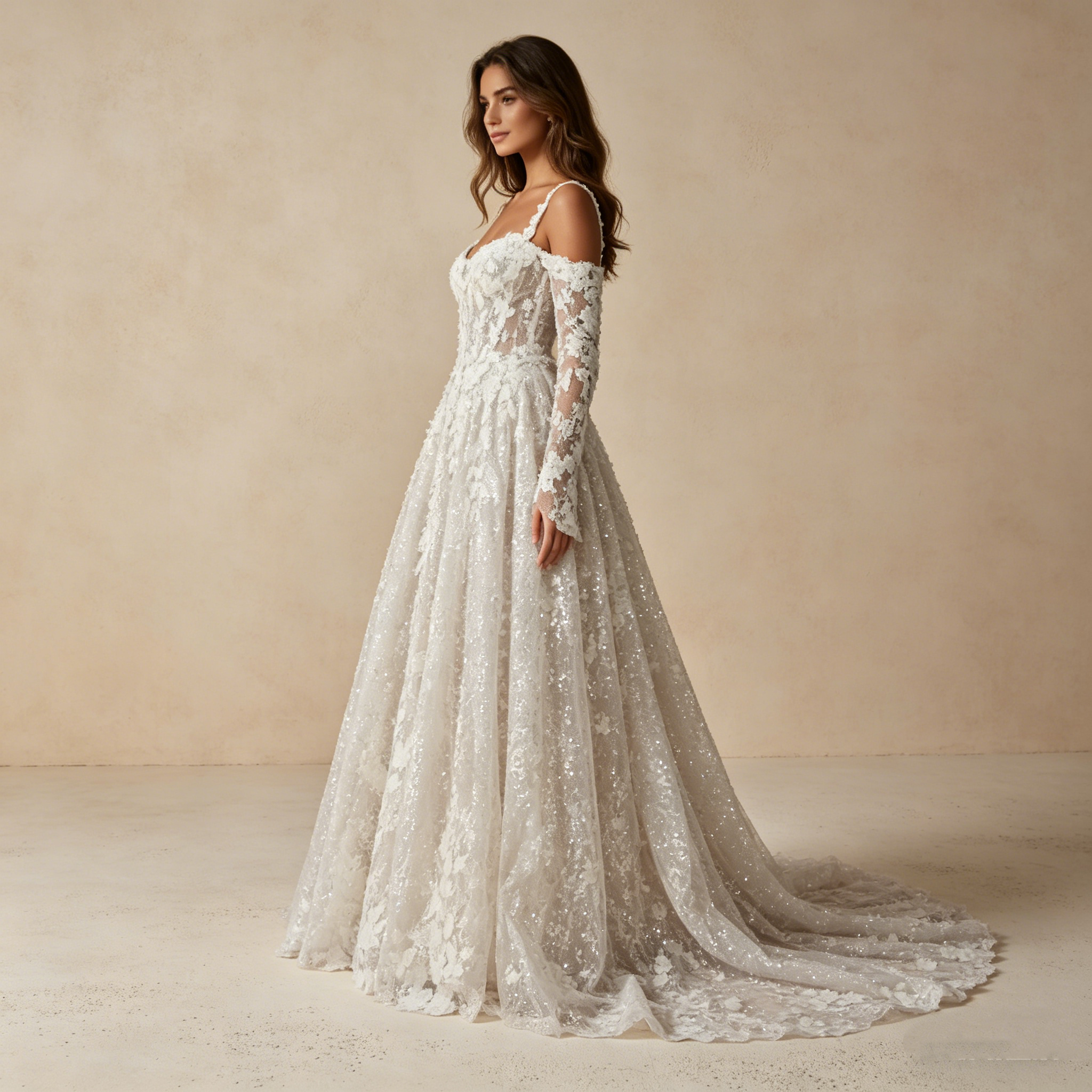 Exklusives Abendkleid mit floraler Spitzenapplikation, Elegantes Ballkleid mit Schleppe in Elfenbein, Luxuriöse Galarobe für besondere Anlässe