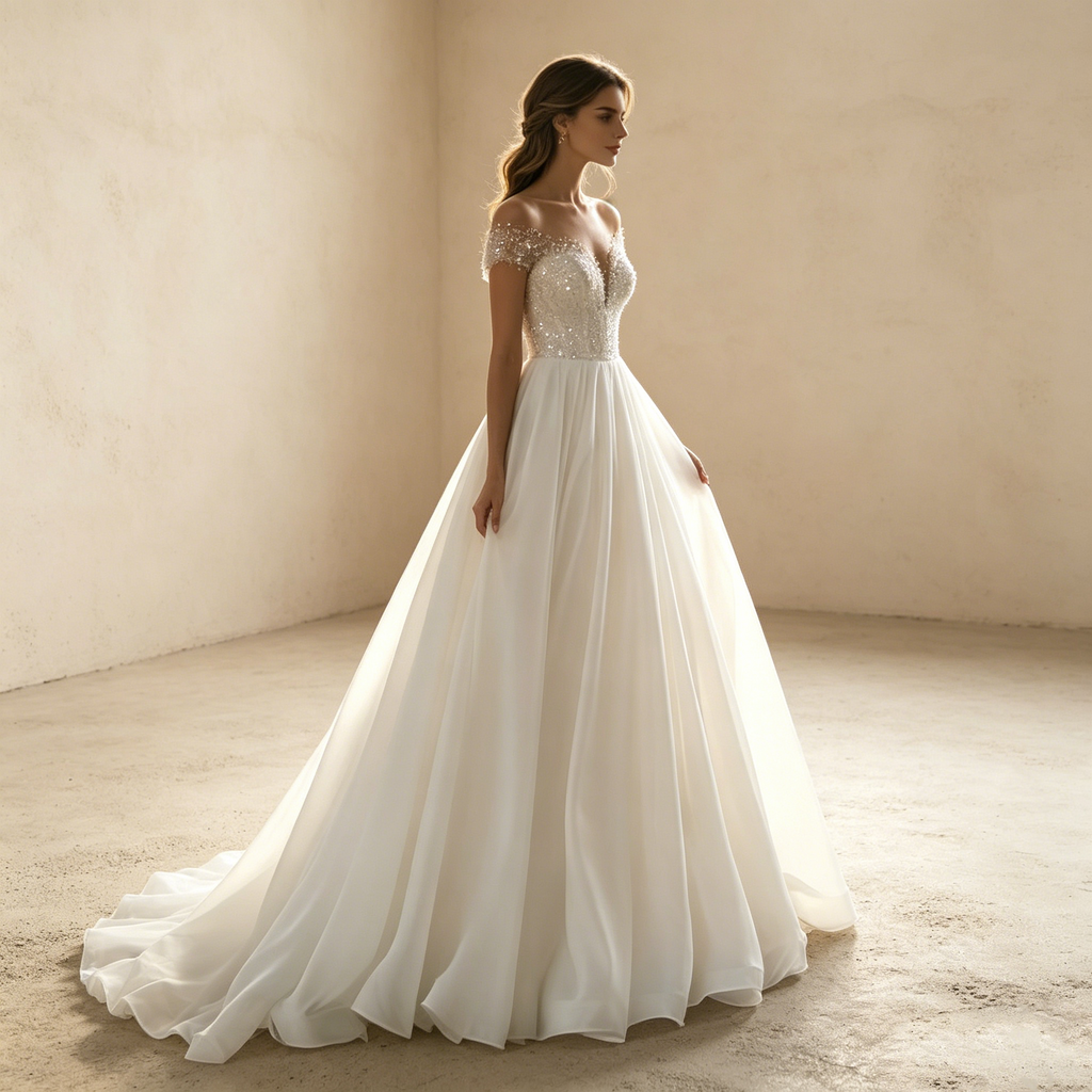 Etherische A Linie aus fließendem Chiffon mit grazilen Ärmeldetails für eine luftige Präsenz