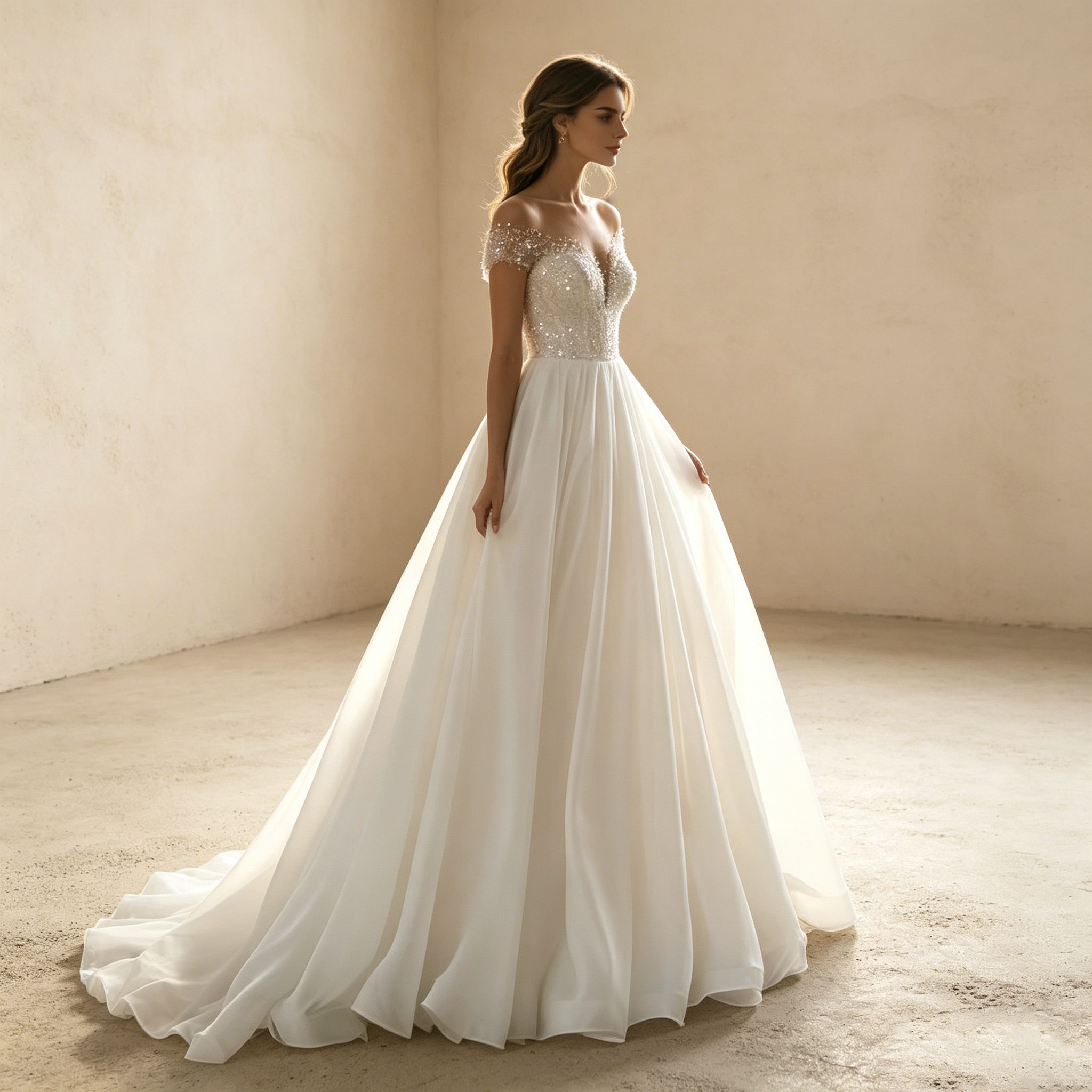 Etherische A Linie aus fließendem Chiffon mit grazilen Ärmeldetails für eine luftige Präsenz