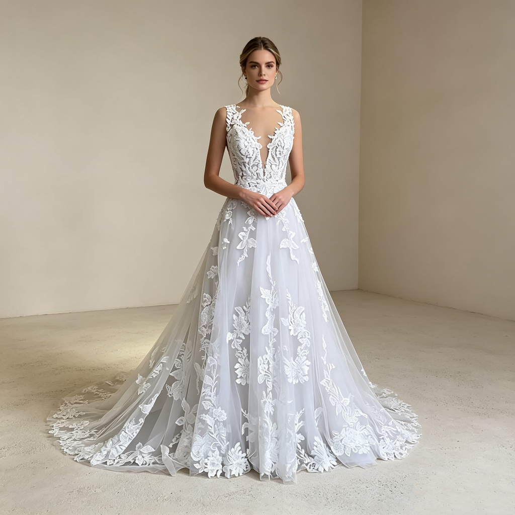 Romantischer Boho-Traum: A-Linien-Kleid mit aufwendigen 3D-Blüten-Applikationen und verführerischem Rückenausschnitt