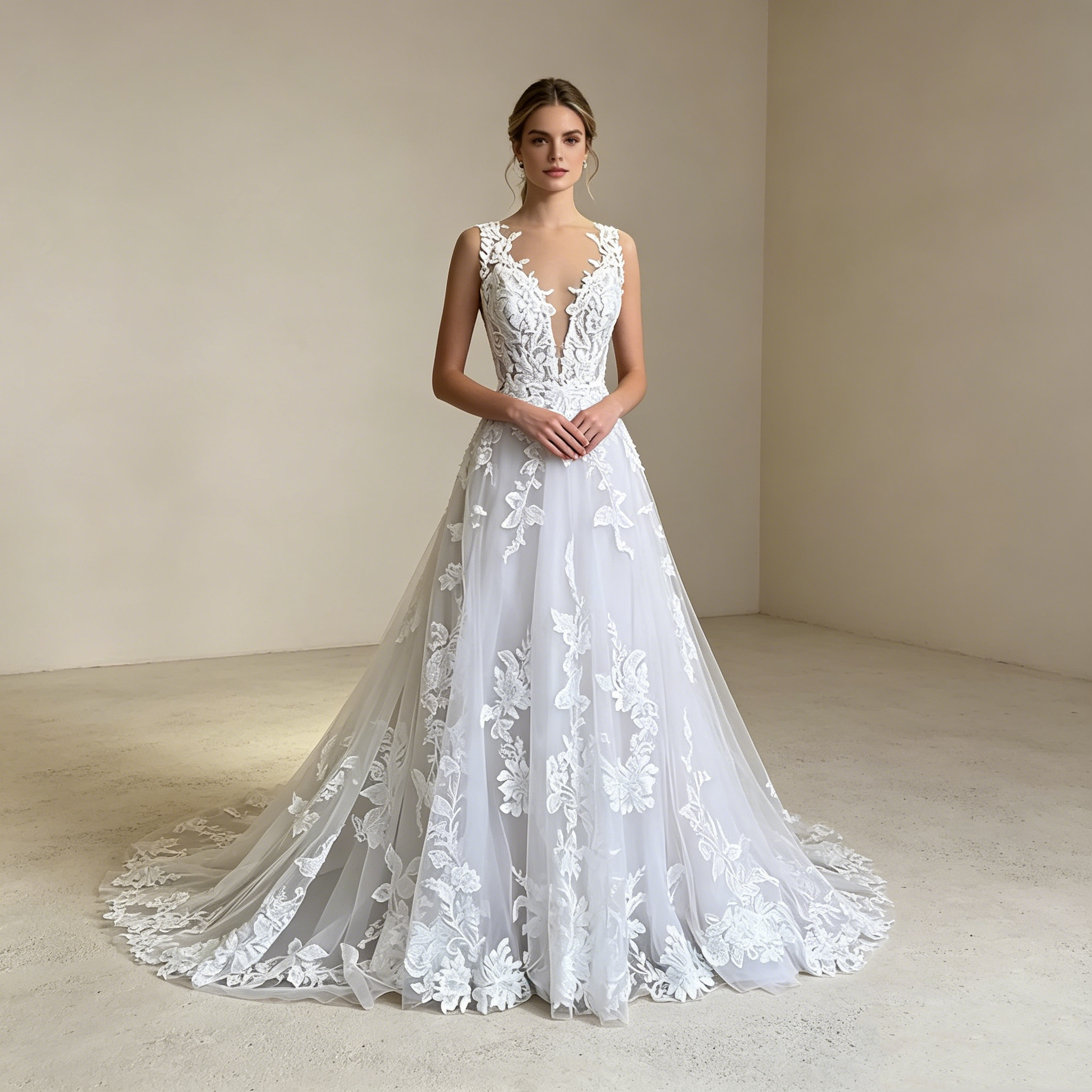 Romantischer Boho-Traum: A-Linien-Kleid mit aufwendigen 3D-Blüten-Applikationen und verführerischem Rückenausschnitt