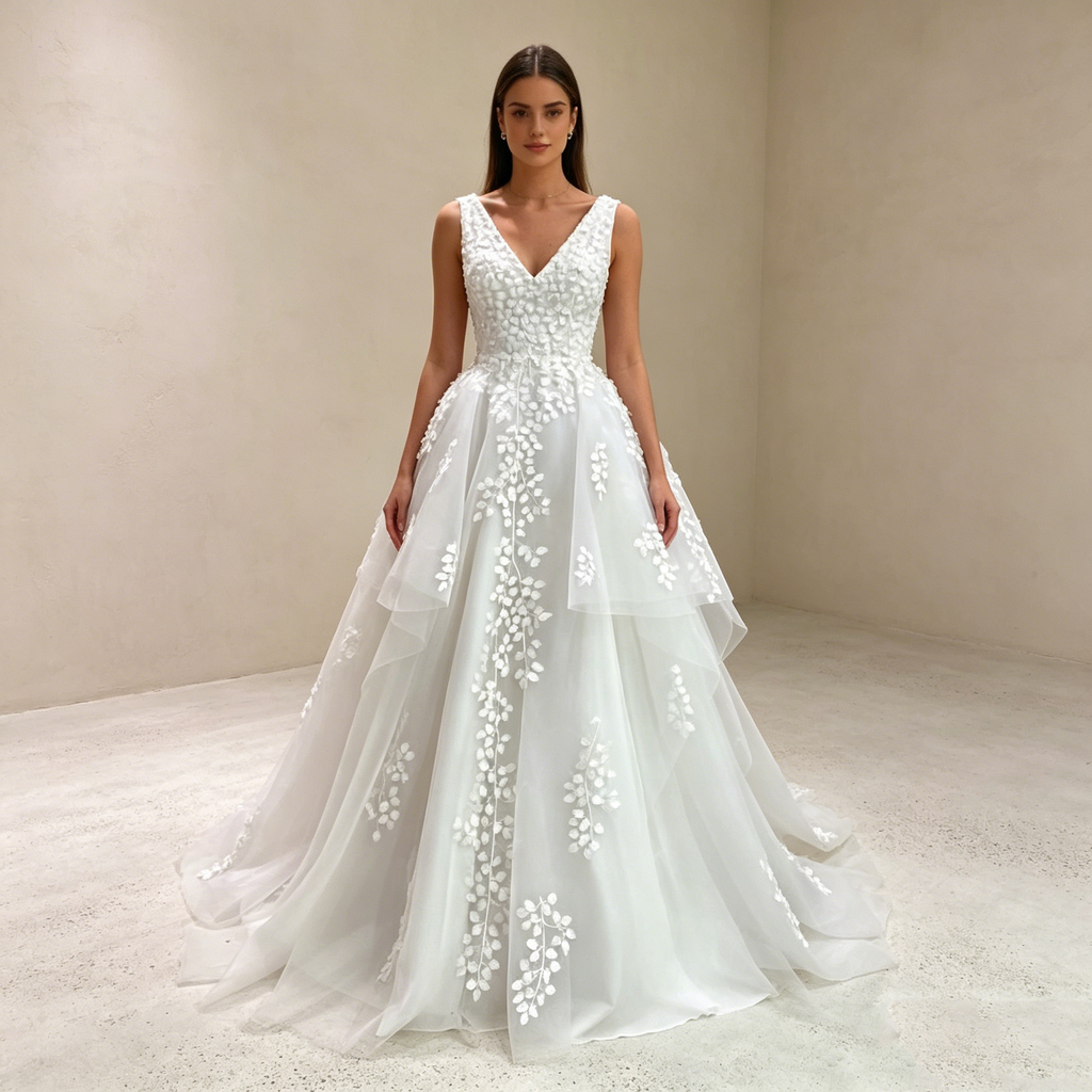Fashion-Statement in Weiß: Voluminöse Prinzessinnen-Robe mit kunstvoller Spitze für den perfekten Auftritt