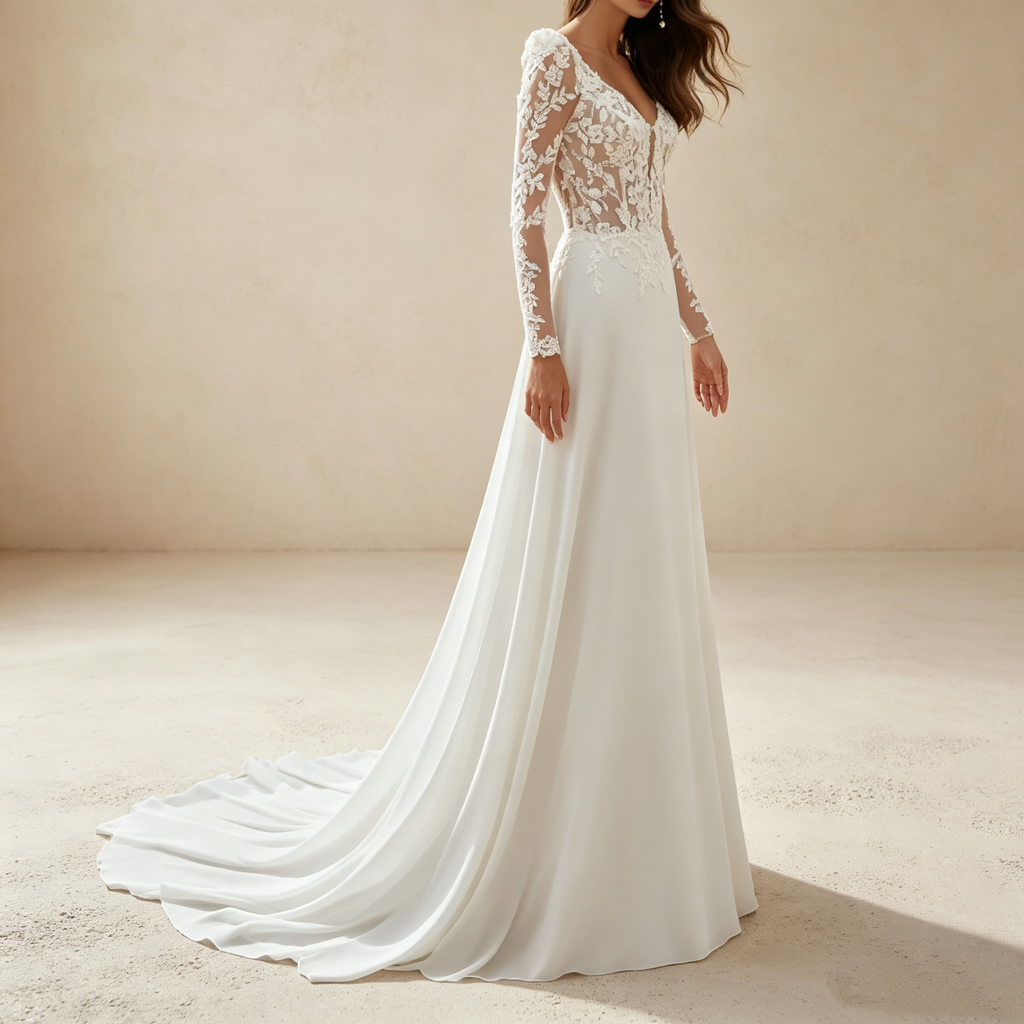 Elegantes Langarm-Maxikleid mit Illusions-Spitze – Exklusives Abendkleid in Elfenbein mit fließender Silhouette