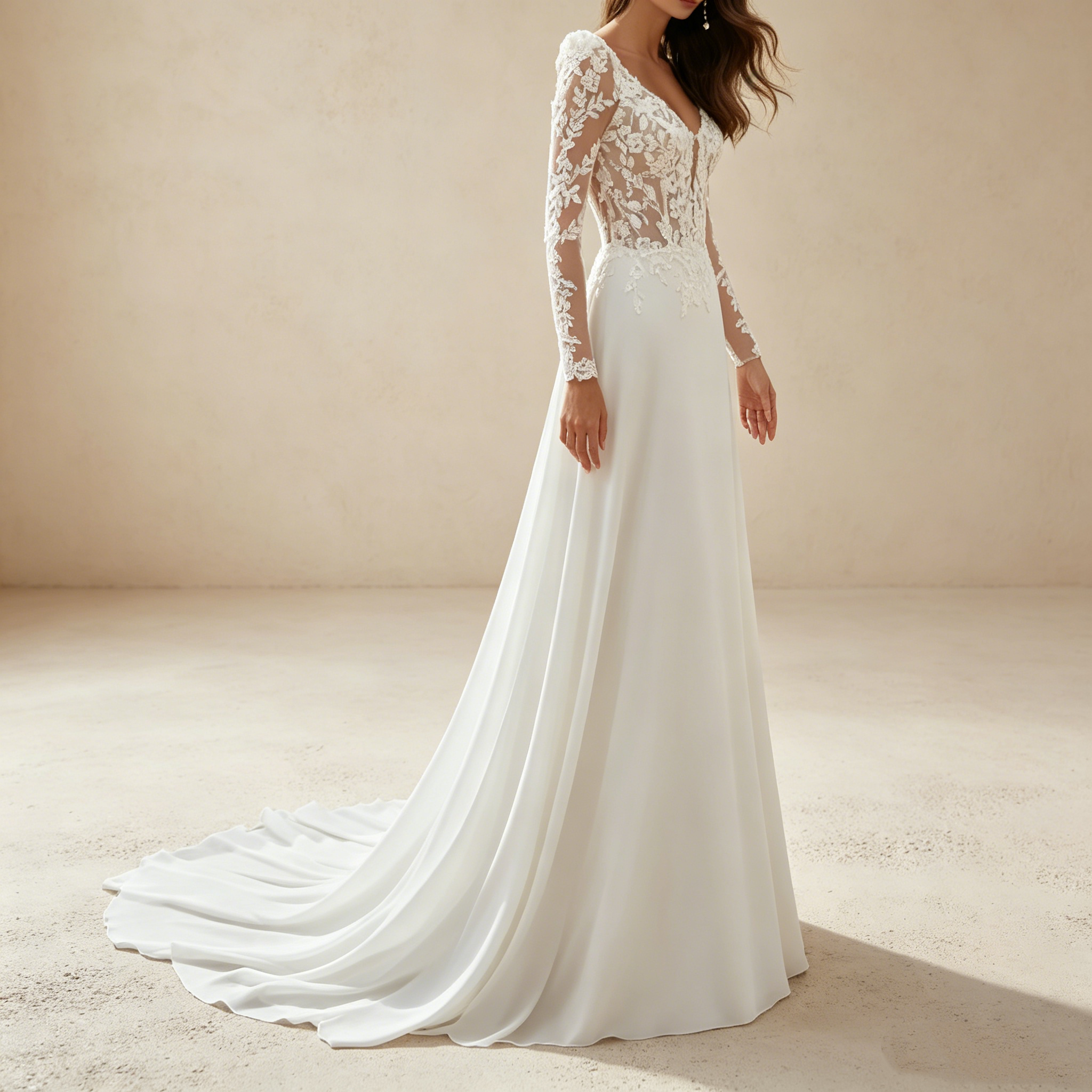 Elegantes Langarm-Maxikleid mit Illusions-Spitze – Exklusives Abendkleid in Elfenbein mit fließender Silhouette