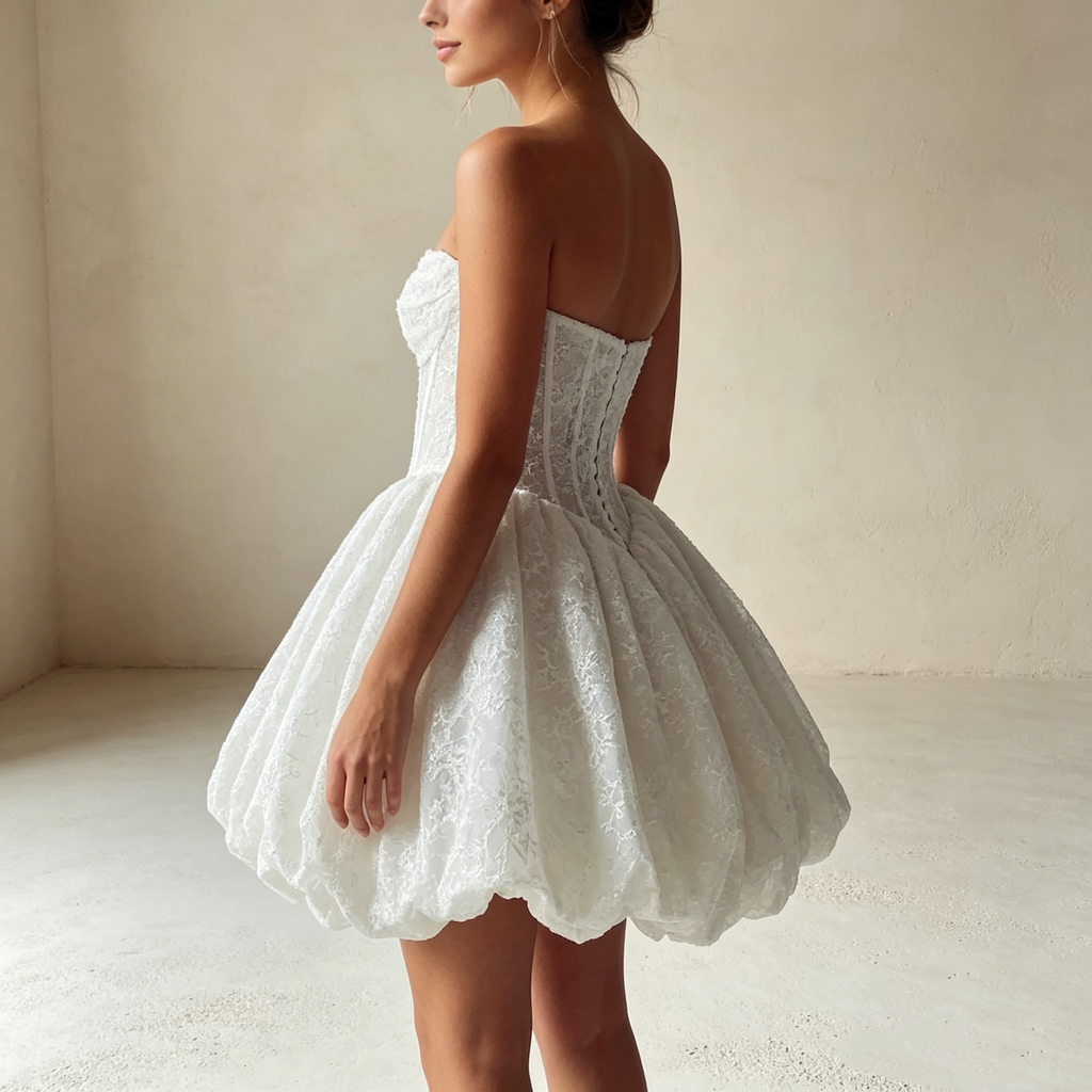 Exklusives weißes Mini-Abendkleid trägerlos mit floraler Spitze, elegantes Cocktailkleid mit Korsett-Oberteil und voluminösem Rock