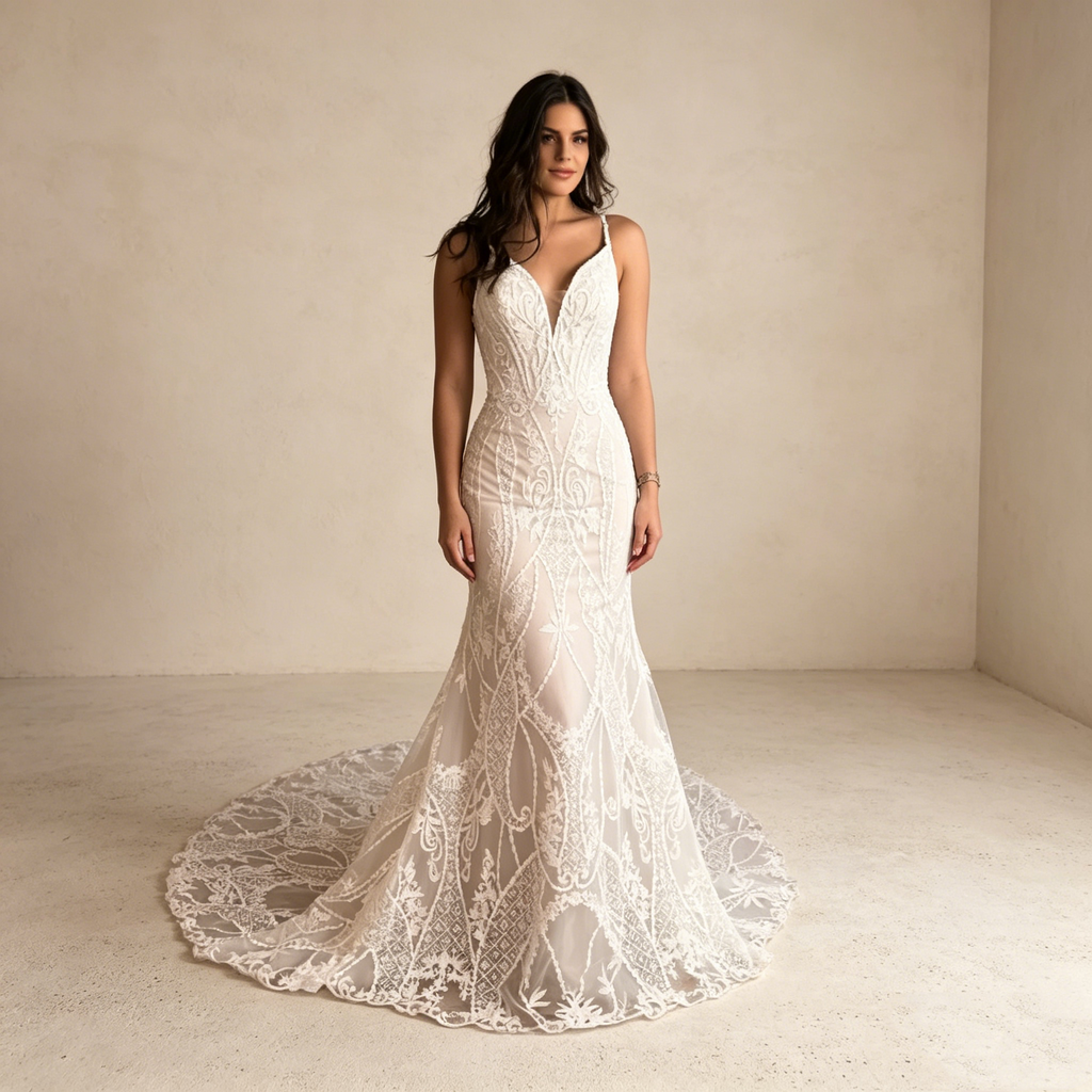 Sinnliche Eleganz in Spitze: Figurbetontes Mermaid-Kleid mit V-Ausschnitt und zarten Spaghetti-Trägern