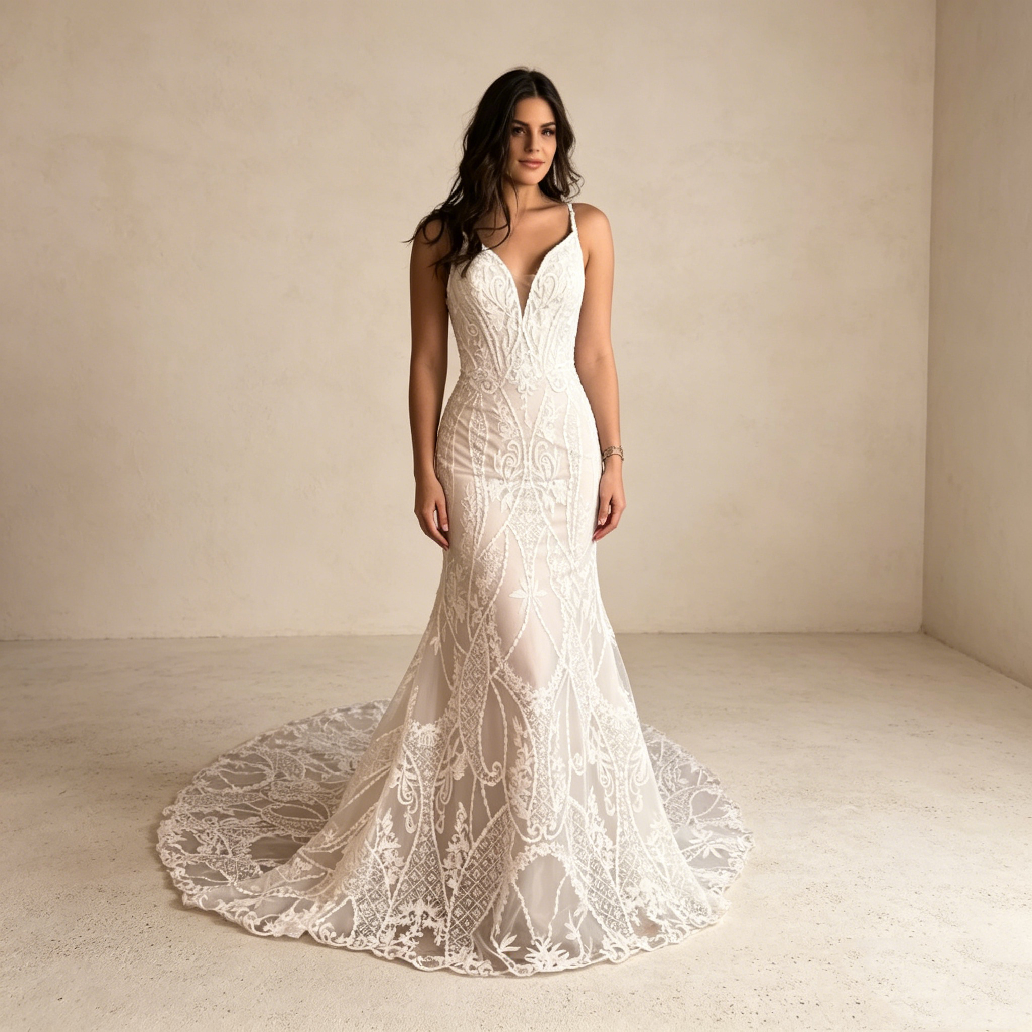 Sinnliche Eleganz in Spitze: Figurbetontes Mermaid-Kleid mit V-Ausschnitt und zarten Spaghetti-Trägern