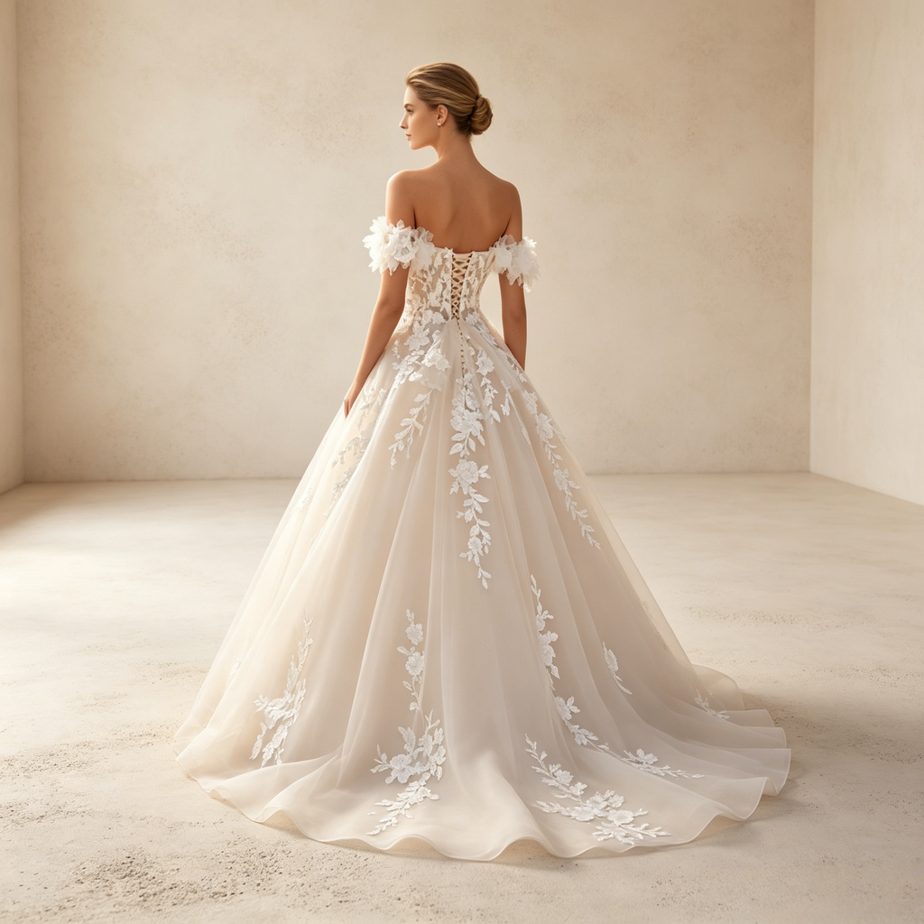 Exquisites Elfenbeinfarbenes A-Linie Abendkleid mit Schulterfreien 3D-Blumenapplikationen und Tüllrock