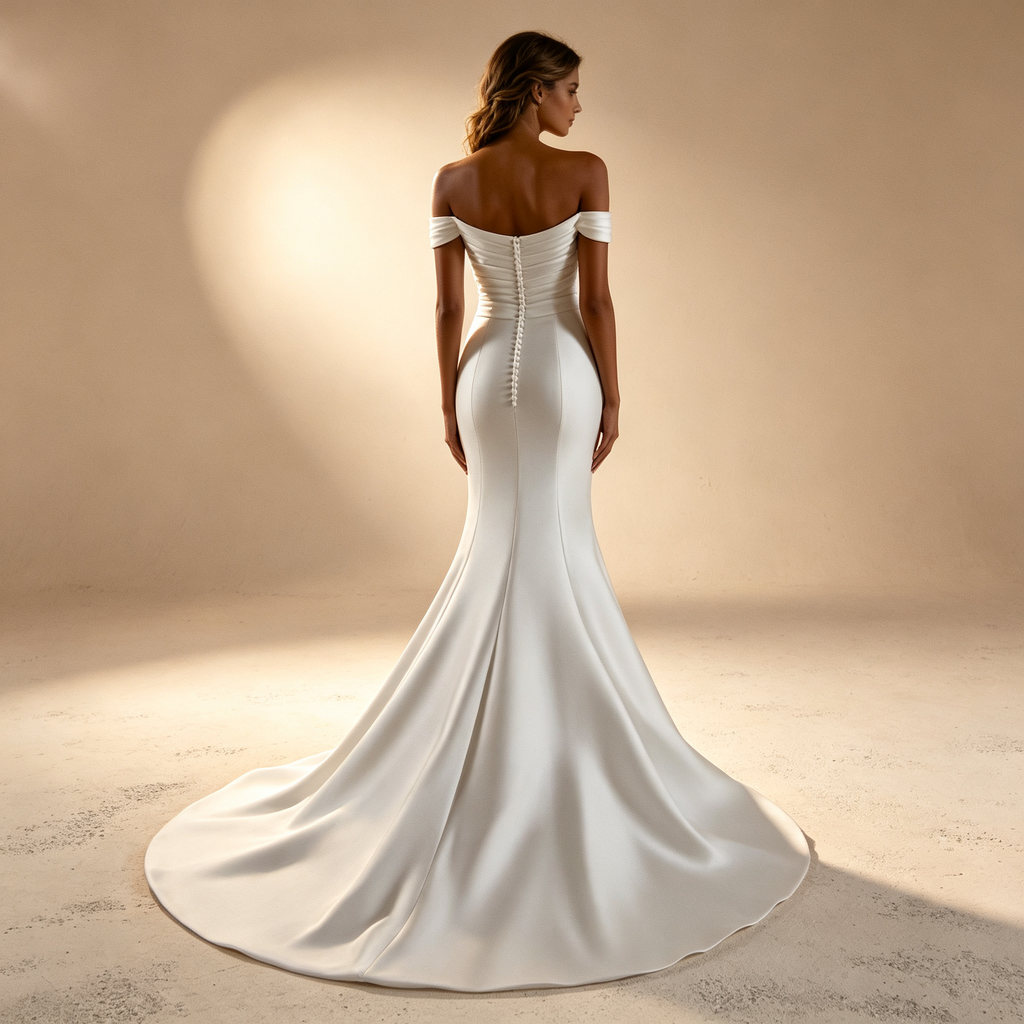 Echtes Seide Schulterfreies Meerjungfrau Abendkleid mit Schleppe – Elfenbein