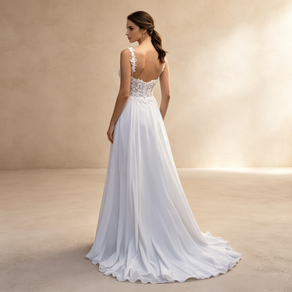 Elegantes weißes A-Linie-Kleid mit floraler Spitze und Trägern - Luftiger Chiffon-Rock