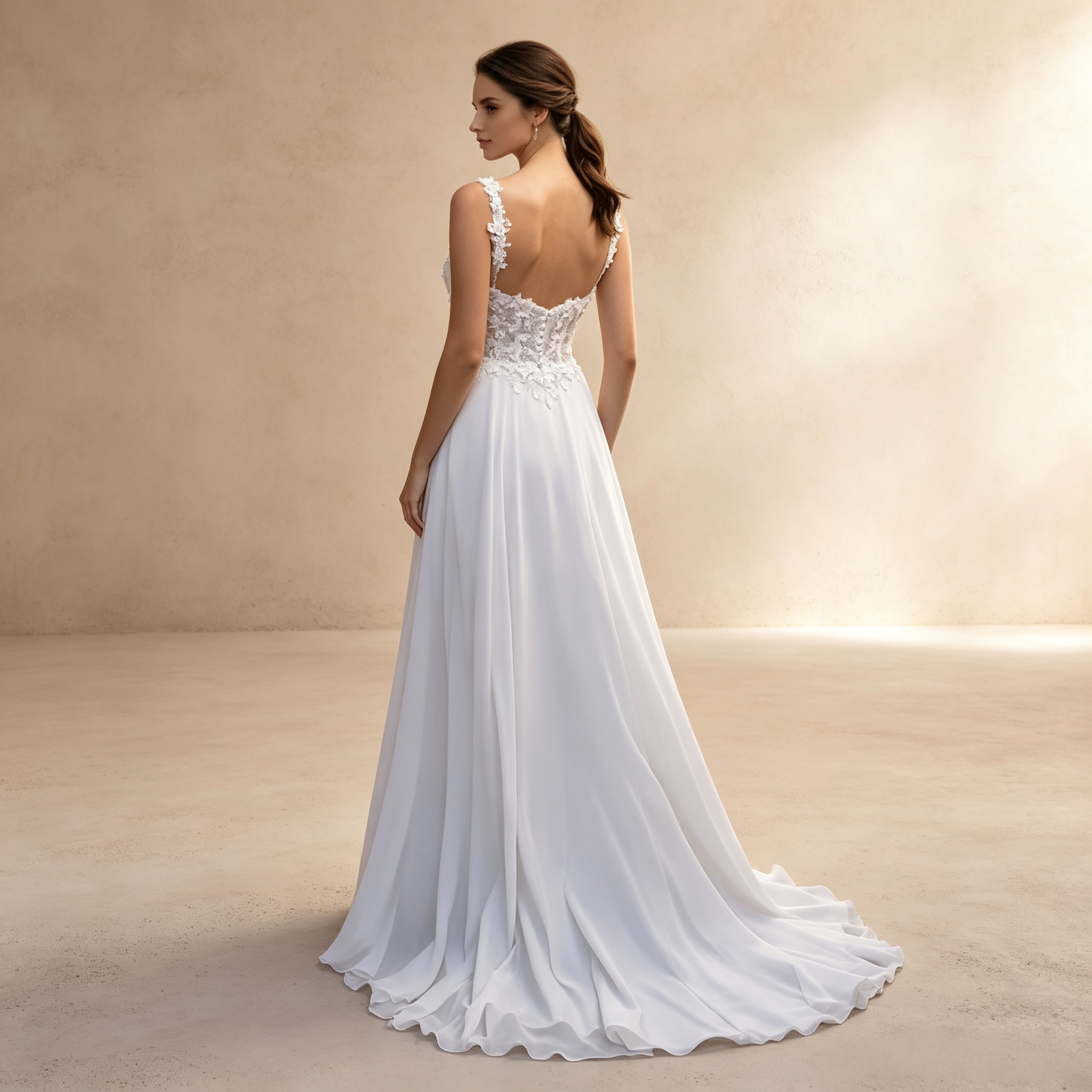 Elegantes weißes A-Linie-Kleid mit floraler Spitze und Trägern - Luftiger Chiffon-Rock