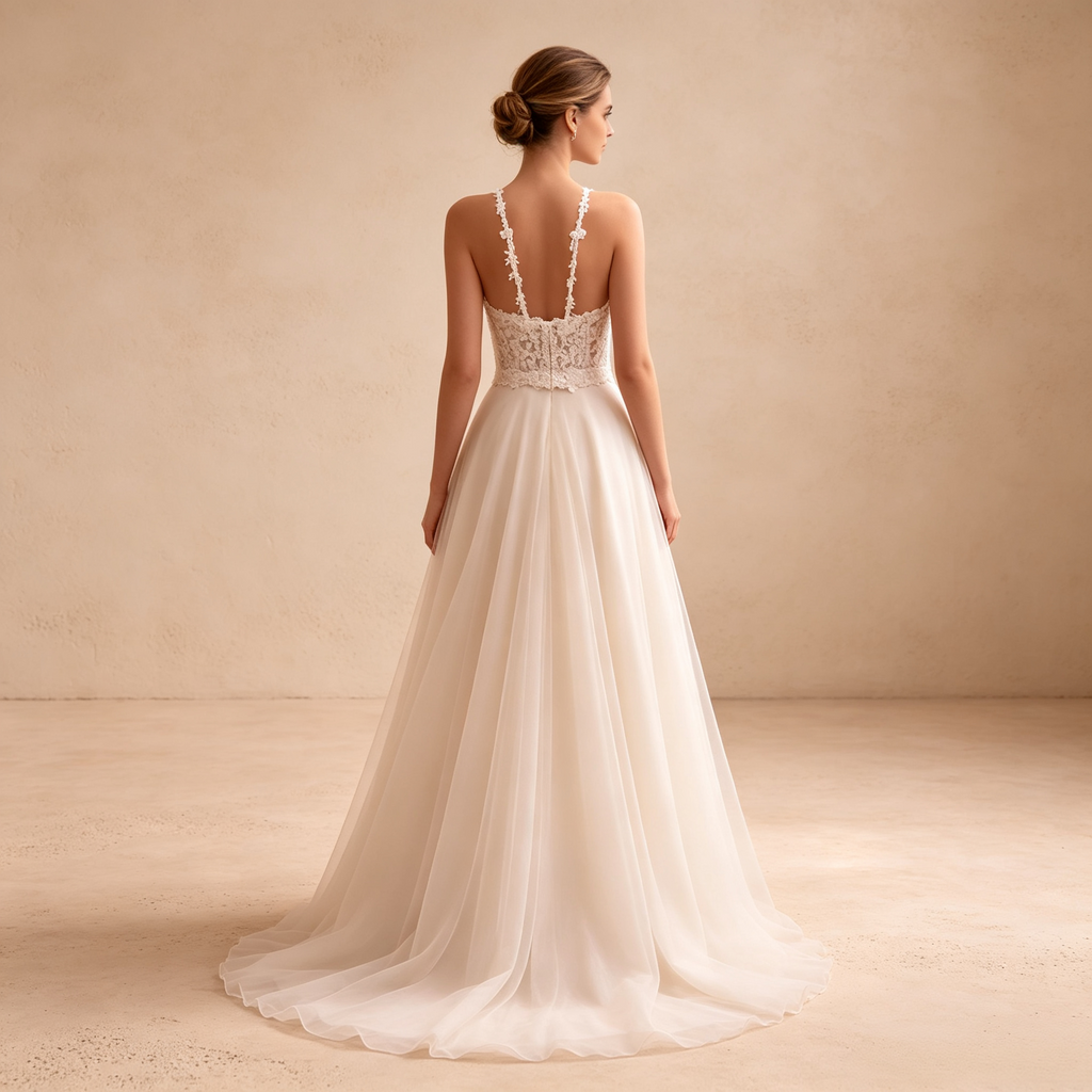 Bodenlanges Abendkleid in Elfenbein mit Spitzenoberteil, Neckholder und Tüllrock in A-Linie