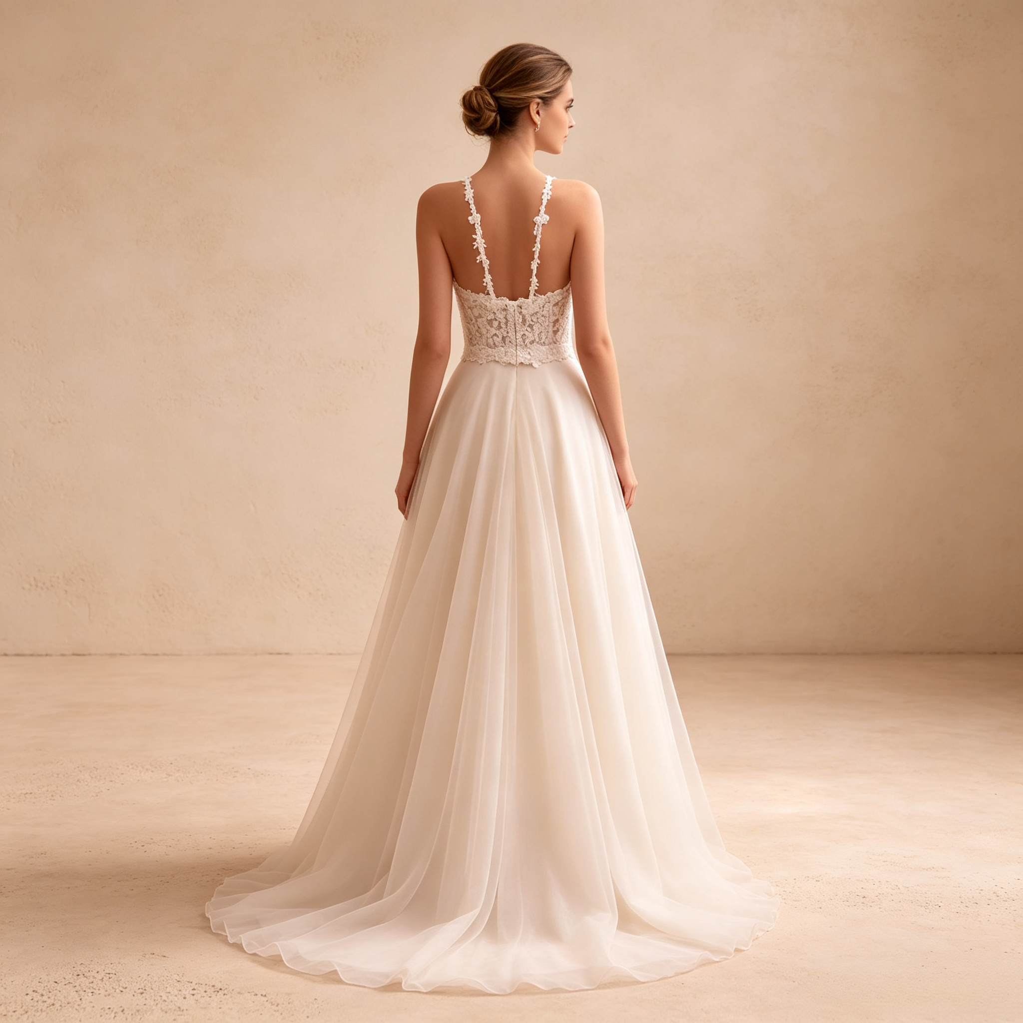 Bodenlanges Abendkleid in Elfenbein mit Spitzenoberteil, Neckholder und Tüllrock in A-Linie