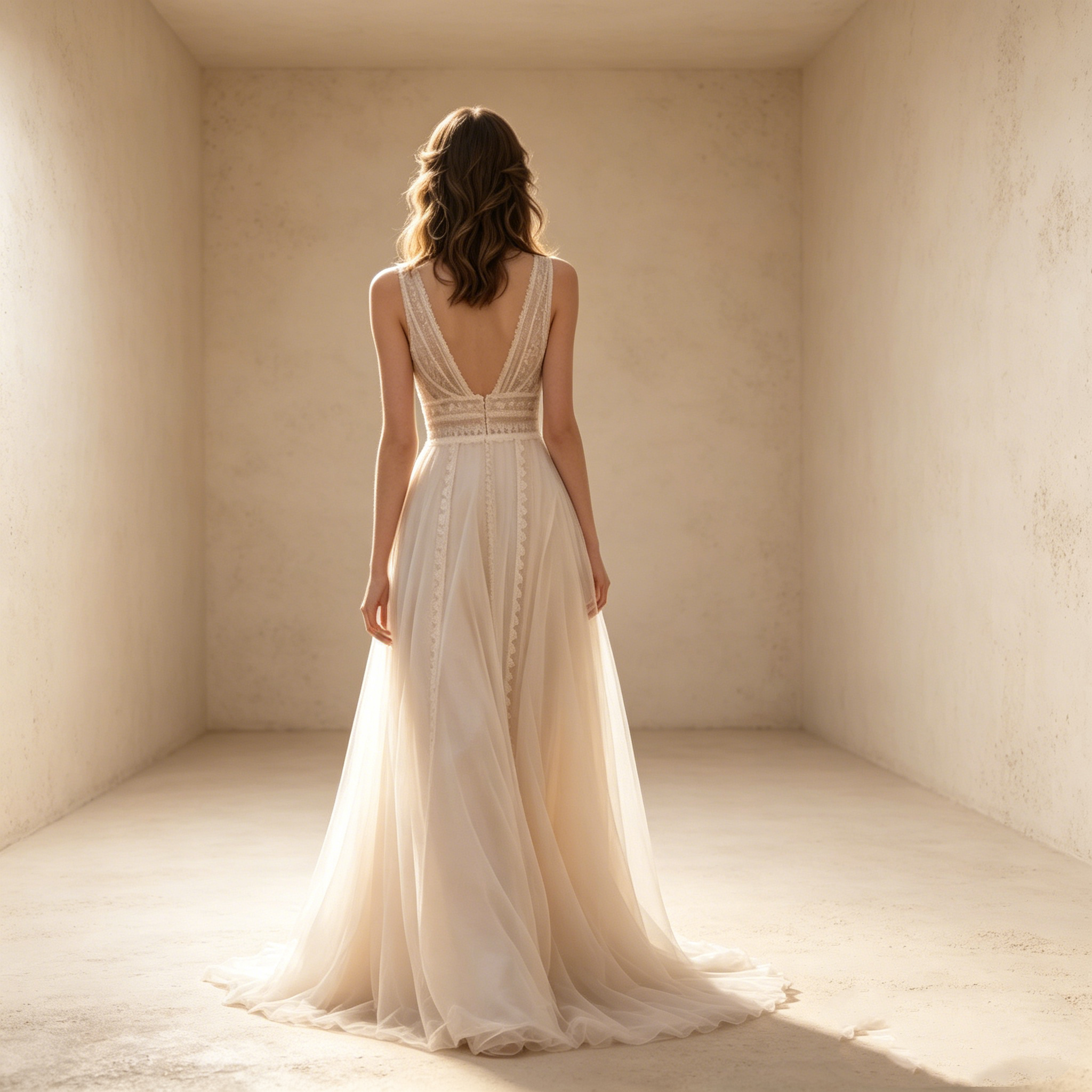 Romantischer Boho-Traum: Fließendes Maxikleid in Elfenbein mit edler Spitze und klassischem Rundhals